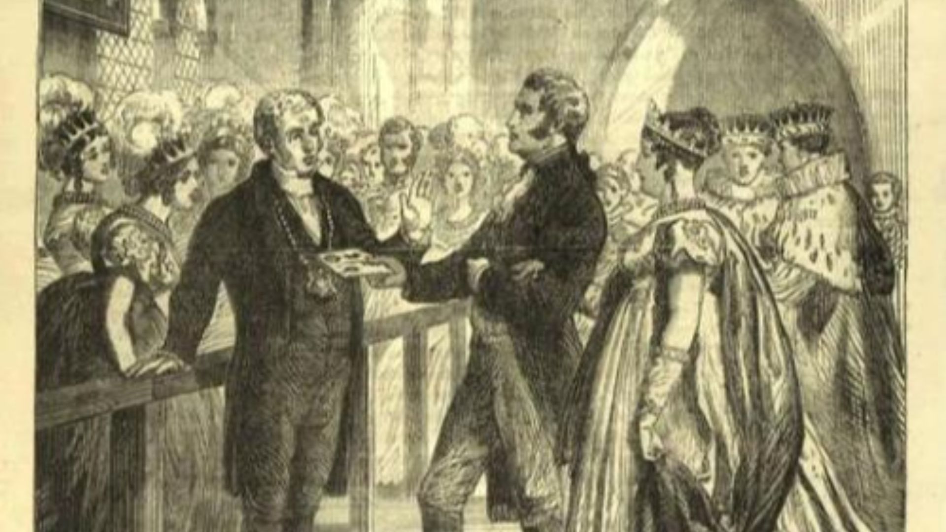 Queen Caroline Repulsed from the Door of Westminister Abbey, engraving from the Illustrated History of England (1865), vol. VII.[1]