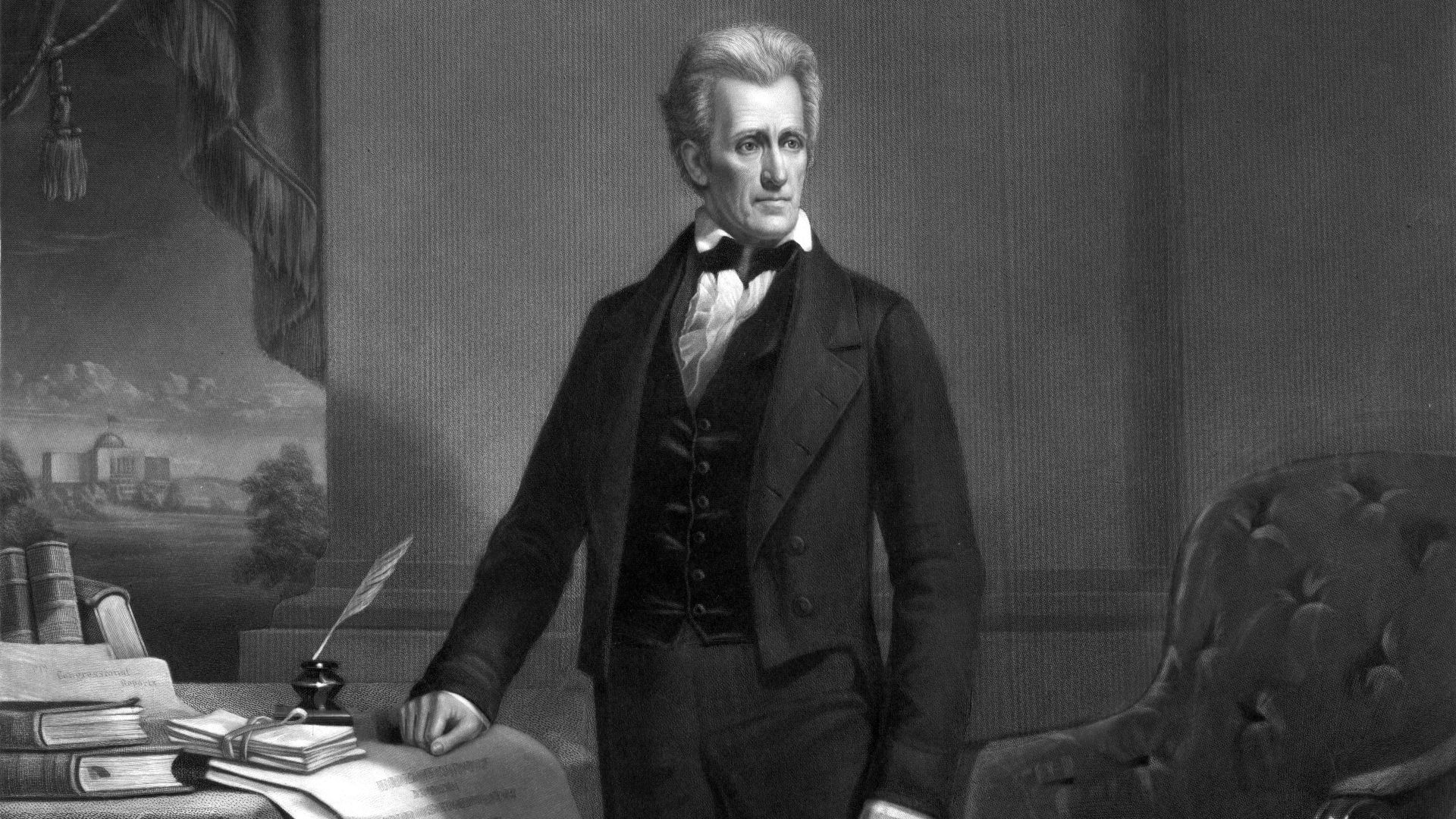 Andrew Jackson, full-length portrait, standing, facing front, hand resting on table.