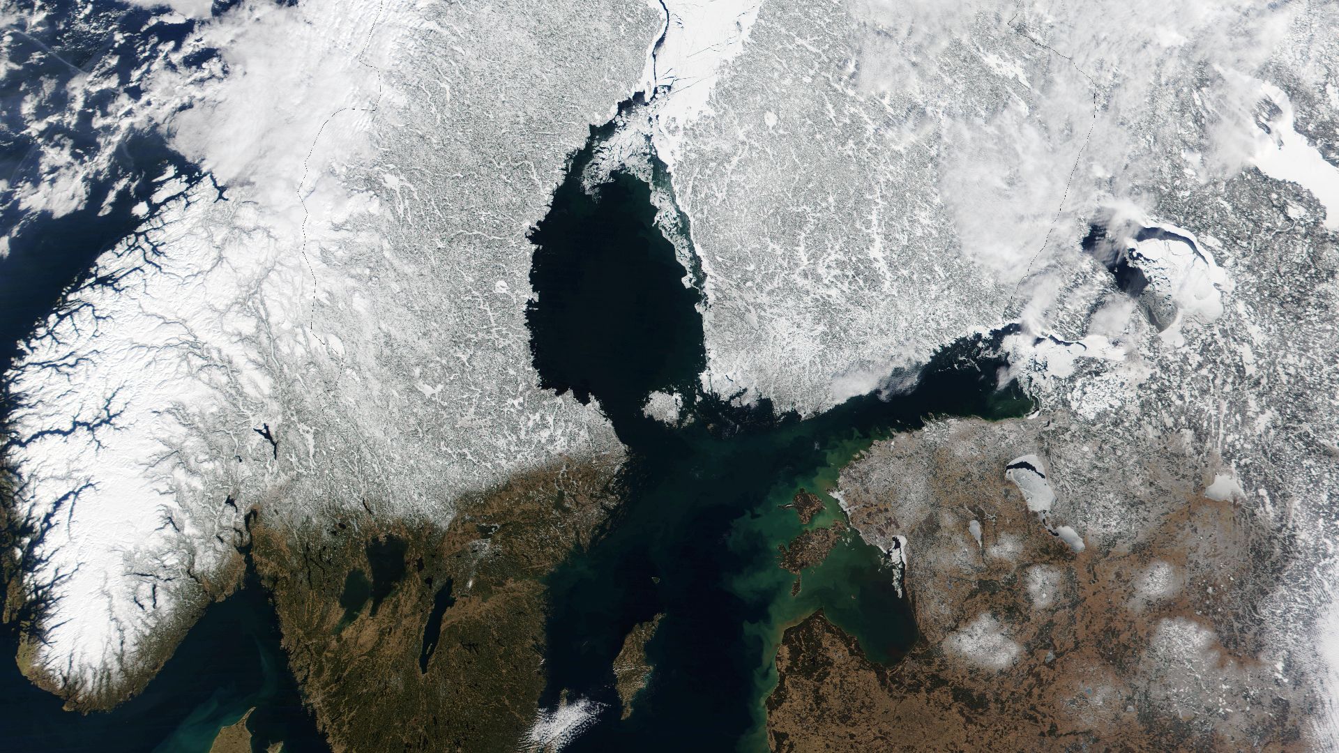 Snow Cover Across Scandinavia. In this mostly cloud-free true-color scene, much of Scandinavia can be seen to be still covered by snow. From left to right across the top of this image are the countries of Norway, Sweden, Finland, and northwestern Russia. 