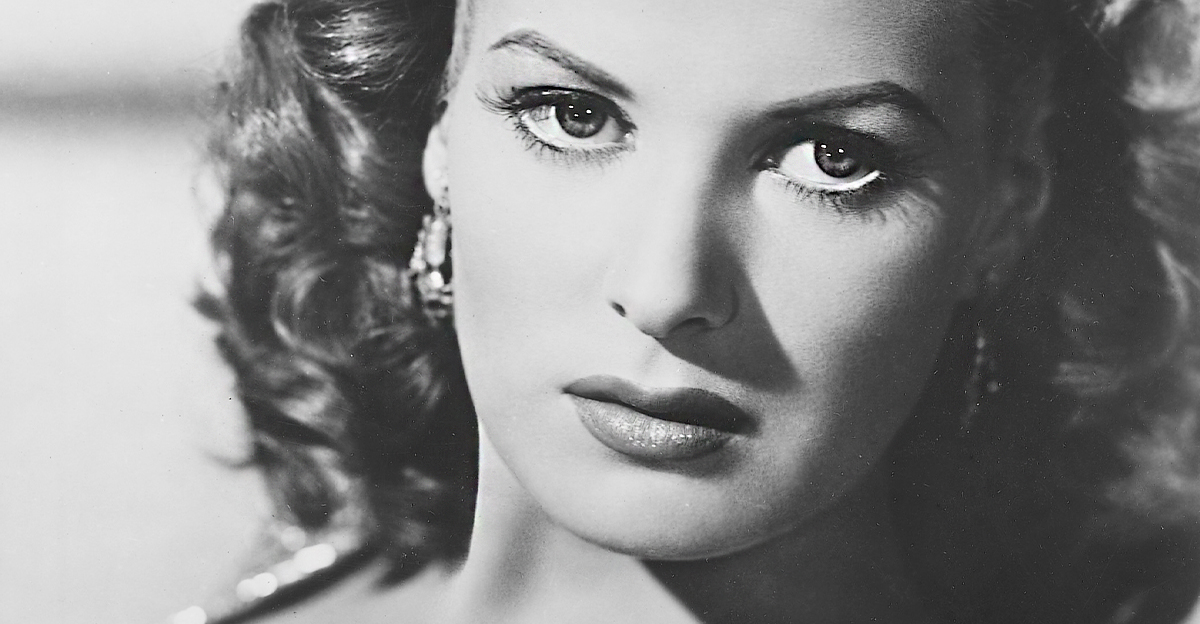 Maureen O'Hara wearing a beaded top with a scalloped neckline