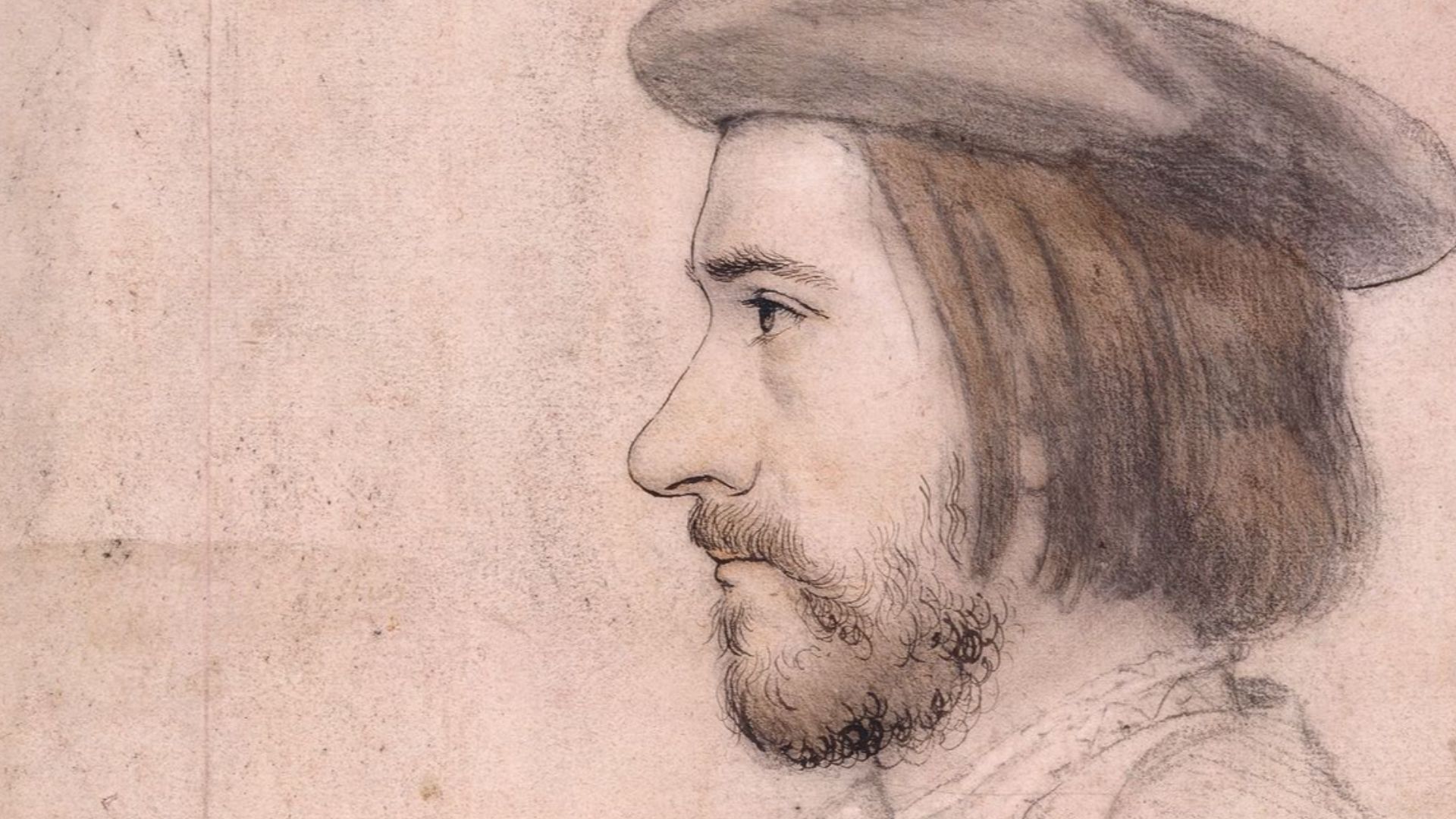 Portrait of Nicolas Bourbon. Black and coloured chalks, pen and ink on pink-primed paper, 38.4 × 28.3 cm, Royal Collection, Windsor Castle.
The French poet Nicolas Bourbon (1503–after 1550) met Holbein when the former came to England in 1535 after being i