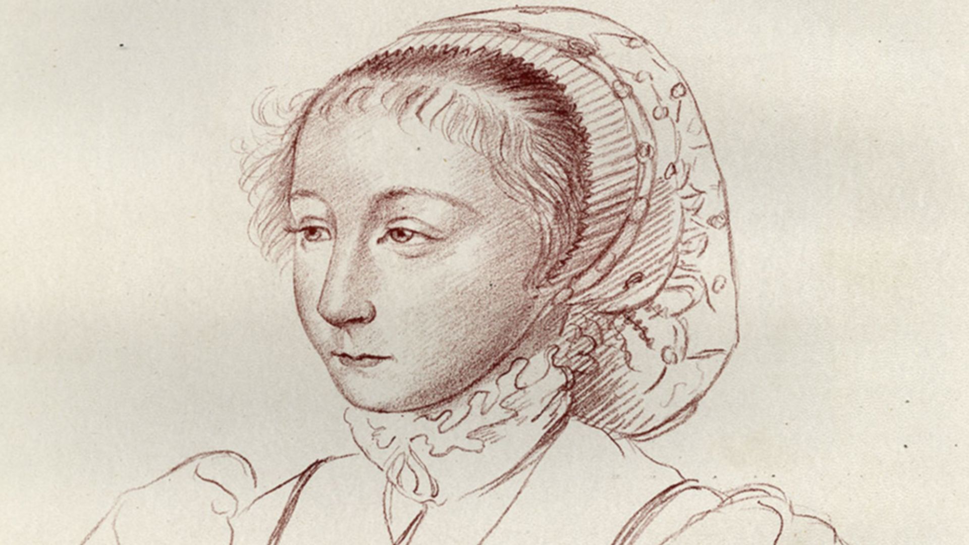 La Roine Jehanne de Navarre, petite, portrait de Jeanne d'Albret enfant par Lord Ronald Gower d'après un original de (Jean ou François ?) Clouet, croquis à la sanguine jadis conservé au château de Howard (Yorkshire) et désormais au musée Condé à Chantilly
