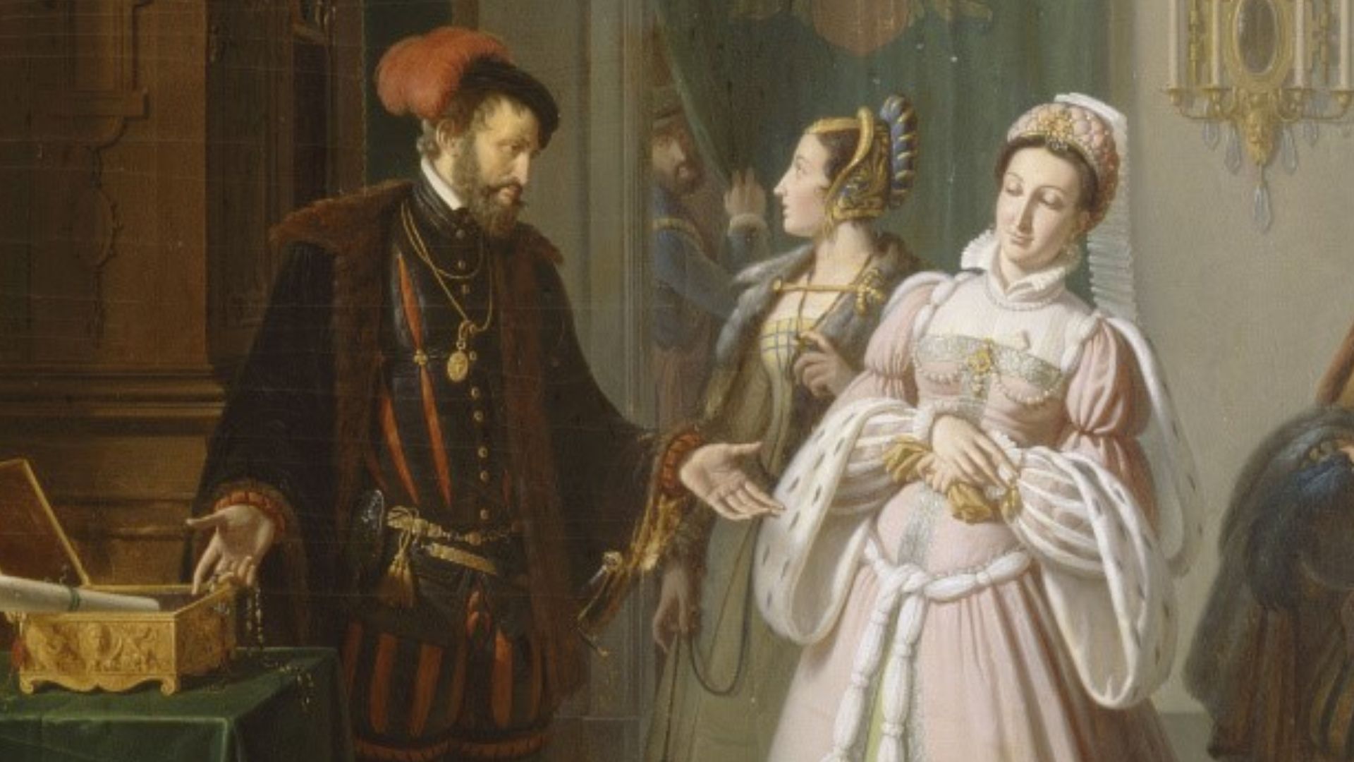 Le Roi de Navarre et Jeanne d'Albret, mère d'Henri IV. Huile sur toile.
Présenté au Salon de 1819 avec la description suivante :
La mère de Henri IV

Le roi de Navarre, après avoir tiré de son cabinet la boîte d’or et une chaîne précieuse, dit à Jeanne d’