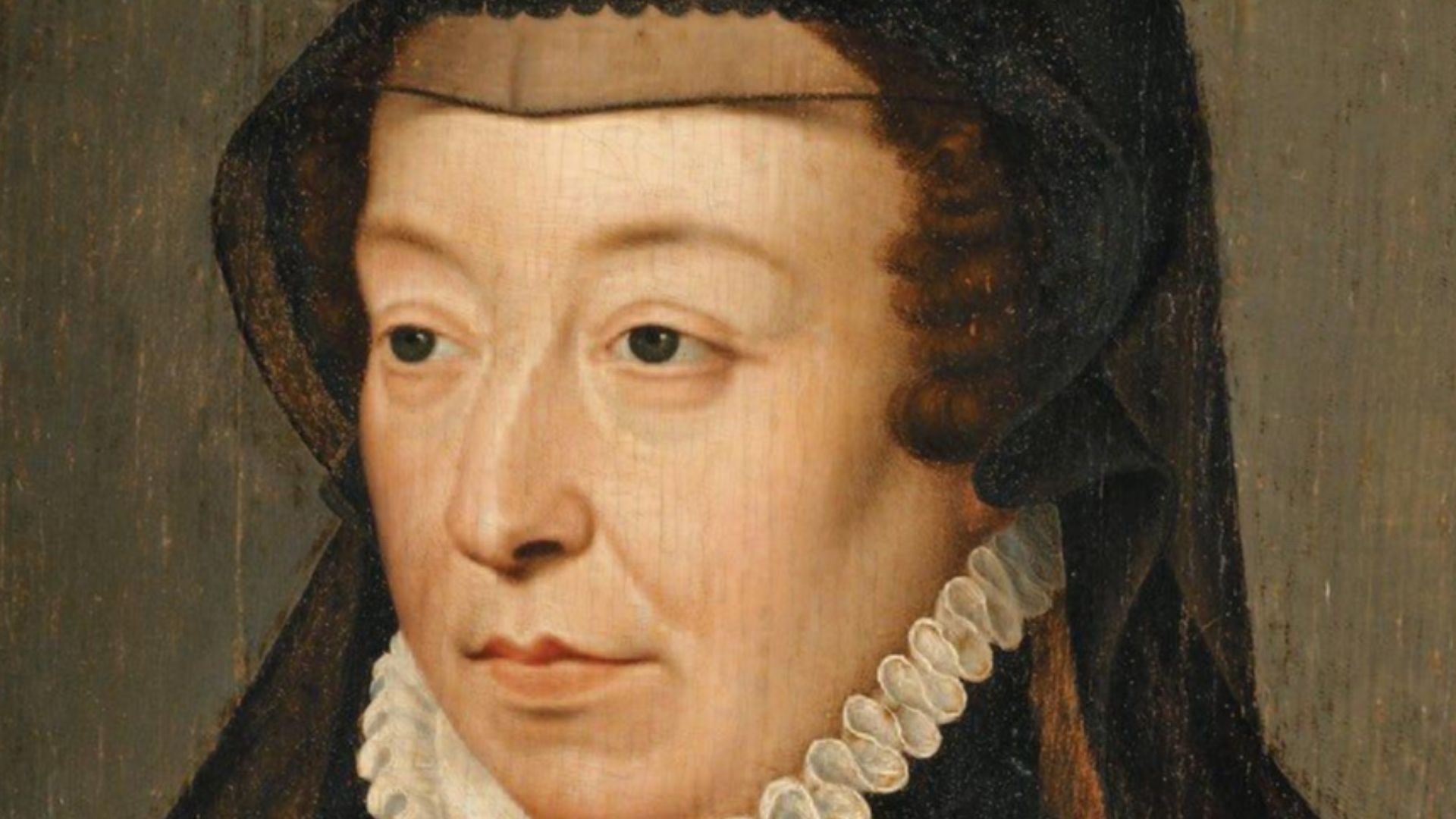 Portrait of Catherine de' Medici (1519-1589), widow of Henry II of France (1519-1559). She wears the black cap and veil of widow, after 1559.