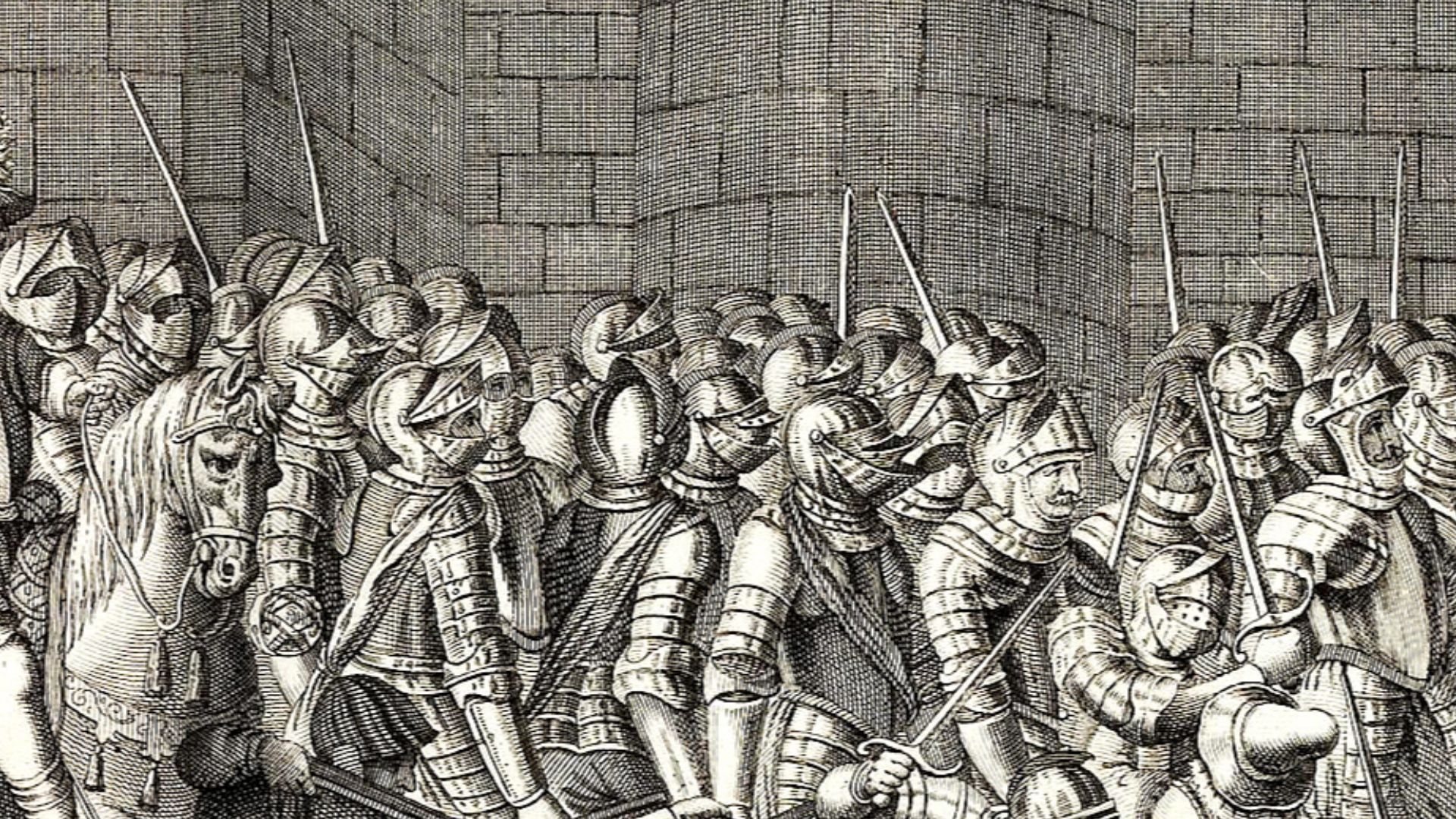 Entry of King Henry IV into Paris on March 22, 1594 through the Porte Neuve near the Louvre, at the foot of the fr: tour du Bois. Dressed in a breastplate and wearing a hat with plumes, the king and his soldiers drive out the Spaniards who were occupying 