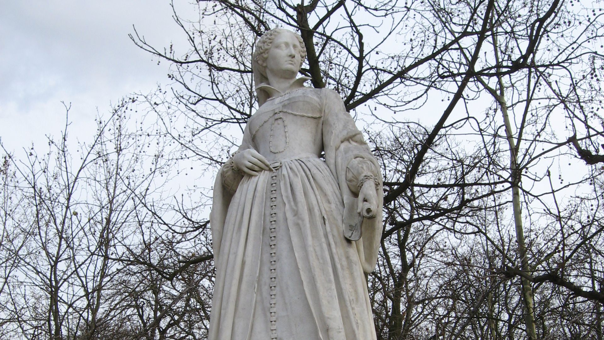 Jean-Louis Brian (français, 1805-1864): Jeanne d'Albret, Reine de Navarre (1528-1572), statue en pied, marbre (1848), Paris, Jardin du Luxembourg. Commande d'Etat. Voir Jeanne d'Albret (reine de Navarre).
