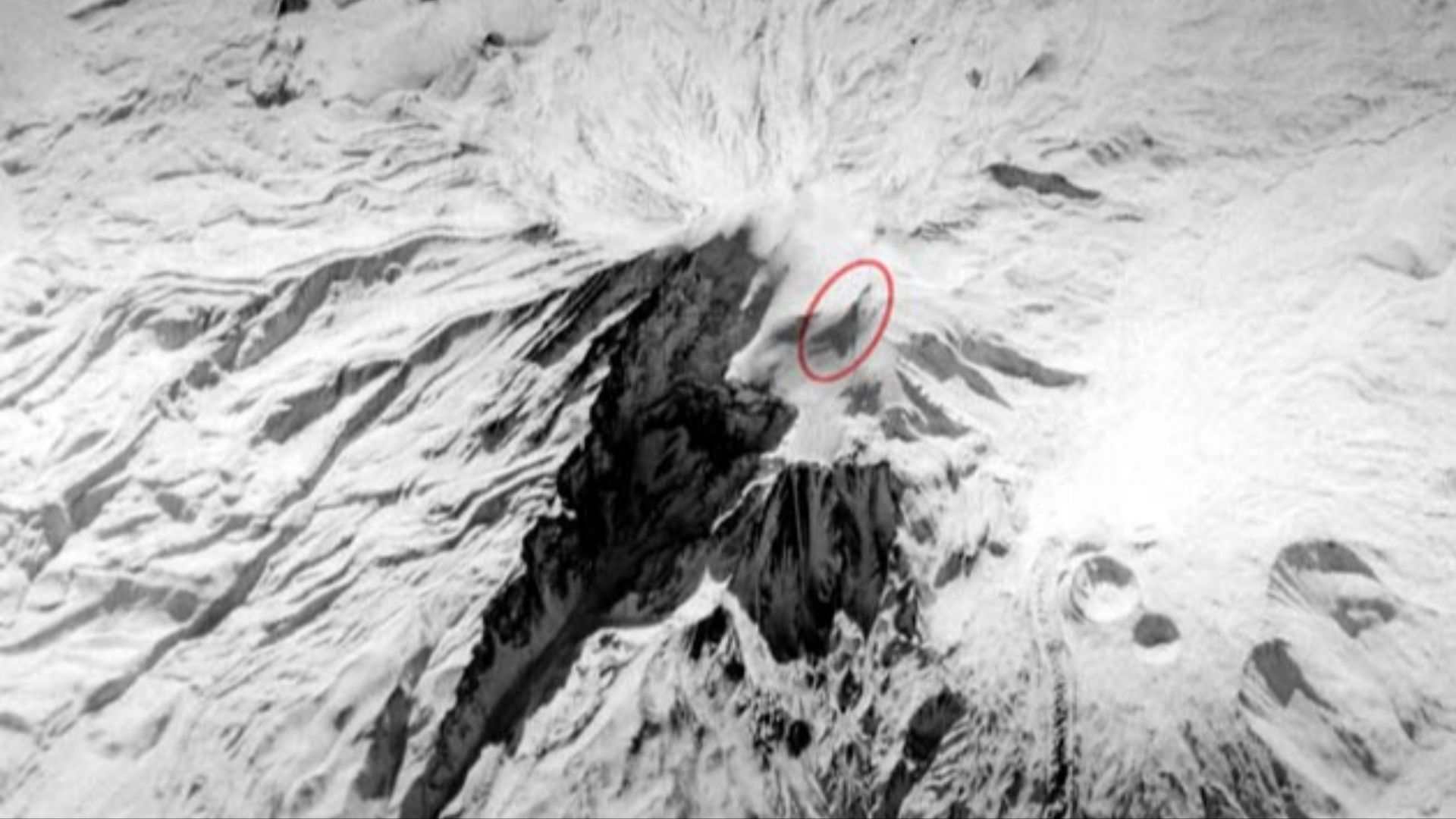 Mount Ararat panoramic image with the Ararat anomaly circled  in red by researcher Porcher Taylor, taken on December 20, 1973, by the CIA's  KH-9 Hexagon (aka Keyhole-9) satellite and since declassified.