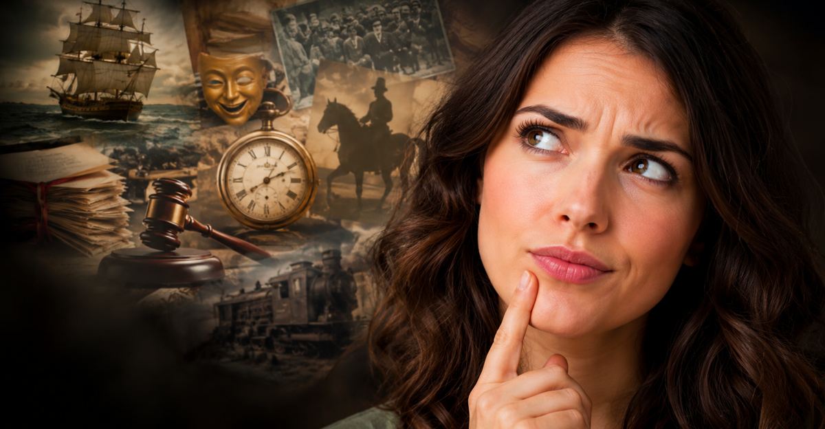 Inquisitive woman with historical images over shoulder