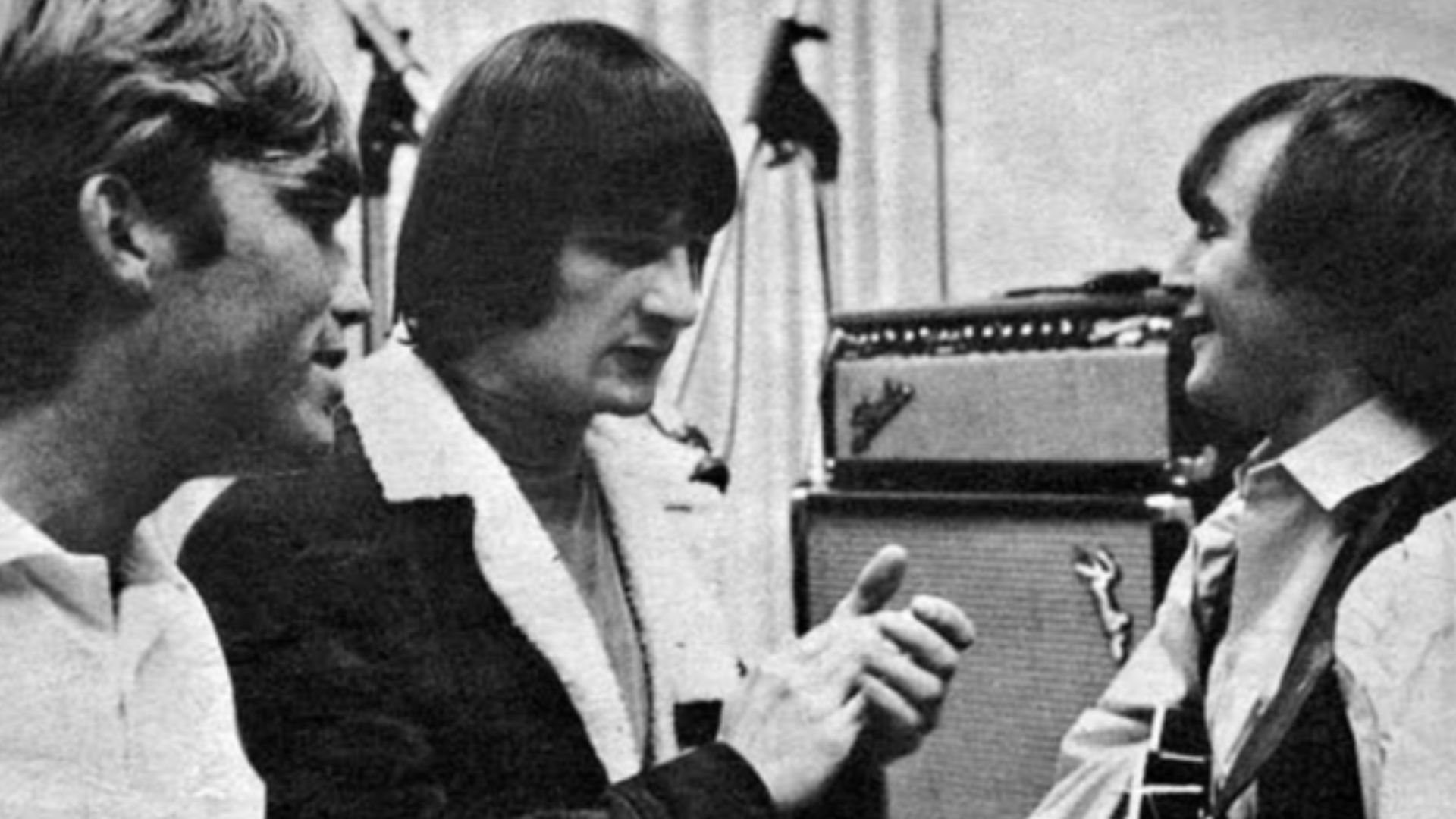 Photo of producer Terry Melcher (left) in the recording studio with the Byrds Gene Clark (center) and David Crosby (right) listening to a take. Given the date of the photo, they were probably working on the Turn, Turn, Turn album when the photo was taken.