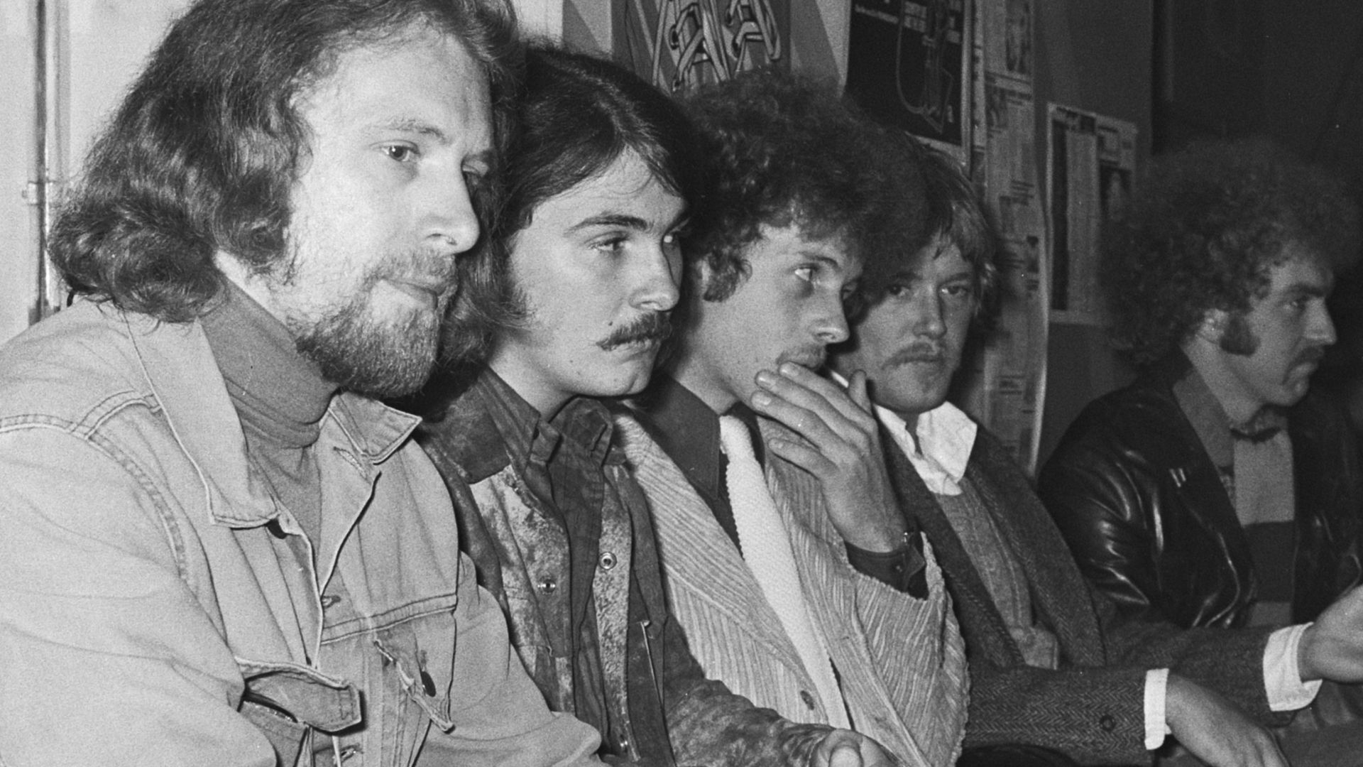 Flying Burrito Bros giving a press conference in the Birdsclub, Amsterdam (NL), 23 Nov. 1970. From left to right: Sneaky Pete Kleinow, Rick Robert, Chris Hillman, Michael Clarke, Bernie Leadon