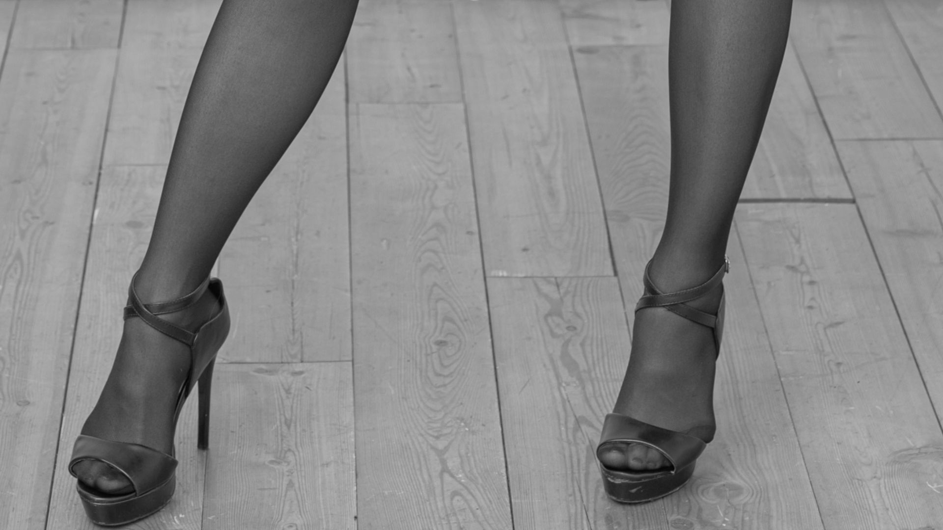 Cropped alternate version of File:Going commando - possible example.jpg. Black and white conversion from the original raw file to visually separate the 5 different fabrics. 1st. the leg with 30 denier. Toes are so called
