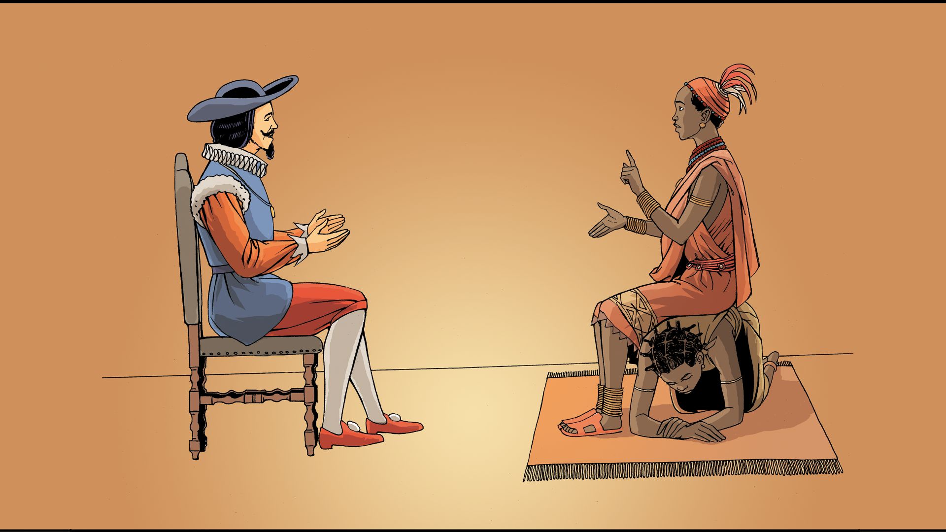 Taken from Nzinga Mbandi: Queen of Ndongo and Matamba from the UNESCO series on women in African history. Illustrations by Pat Masioni
