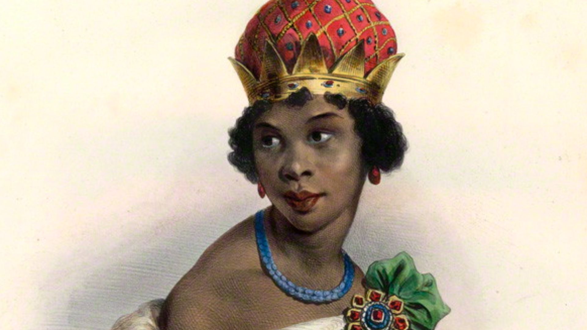 Hand colored lithograph of the woman known as 'Queen Ginga' in Portugal. Her name was Nzinga Mbande, although her name when converting to Christianity was 'Ana de Sousa'. Drawing from the collection of the National Portrait Gallery in London.