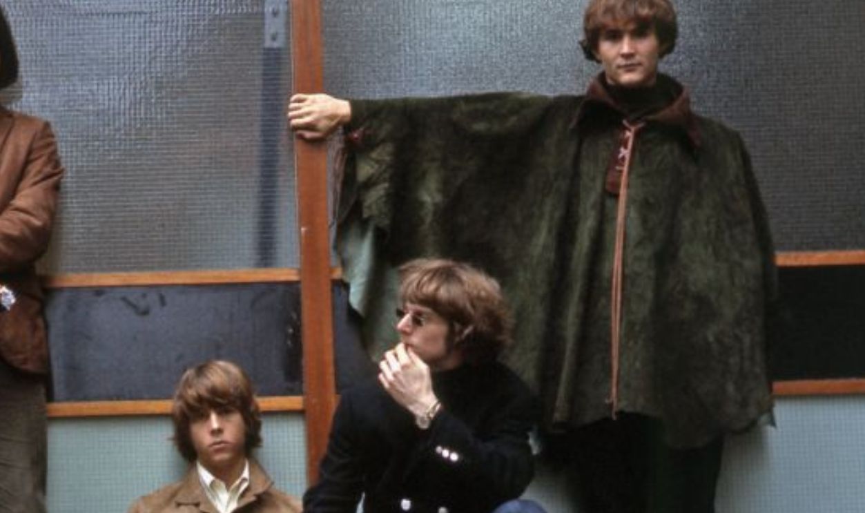 Group portrait of American folk rock band The Byrds in Soho Square, London, 1966. L-R Michael Clarke, Gene Clark, Chris Hillman, Roger McGuinn, David Crosby. 