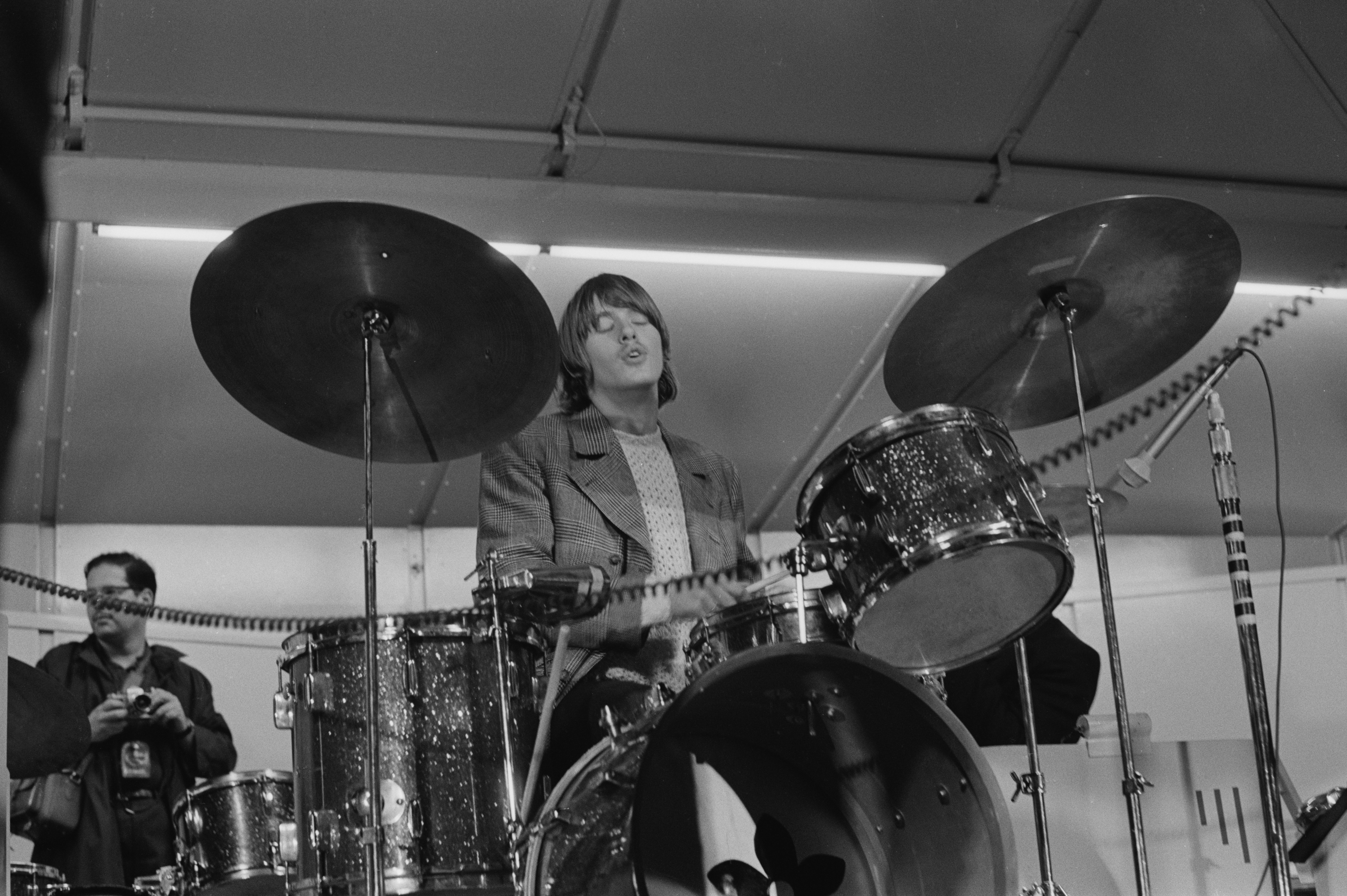 Michael Clarke (1946 - 1993), drummer for American rock band The Byrds, performs at Soundblast '66 at the Yankee Stadium in New York City, 10th June 1966. 