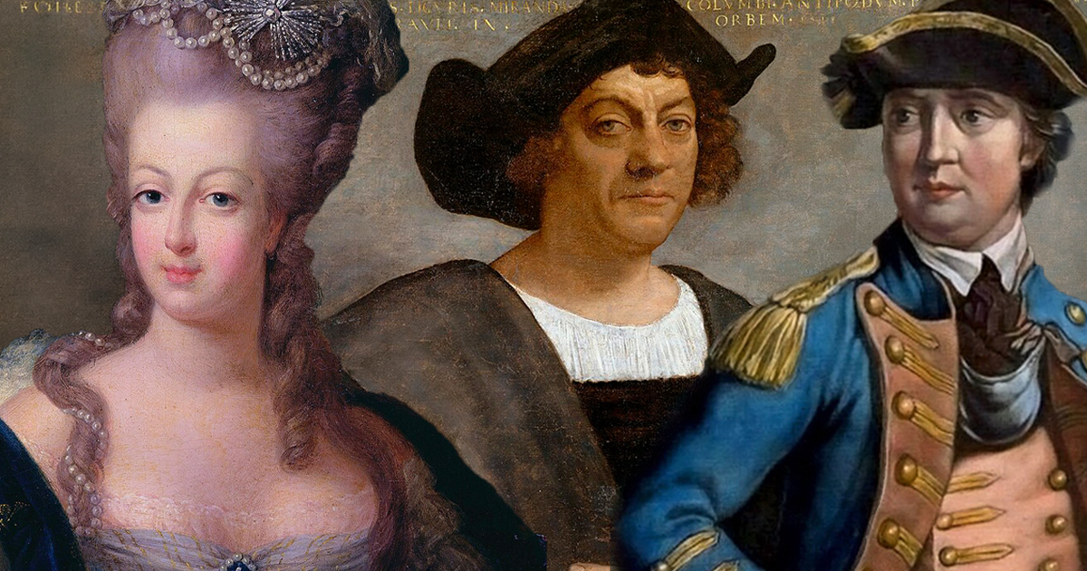 Historical collage of Marie Antoinette, Christopher Columbus, and Benedict Arnold