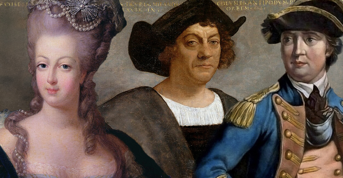 Historical collage of Marie Antoinette, Christopher Columbus, and Benedict Arnold