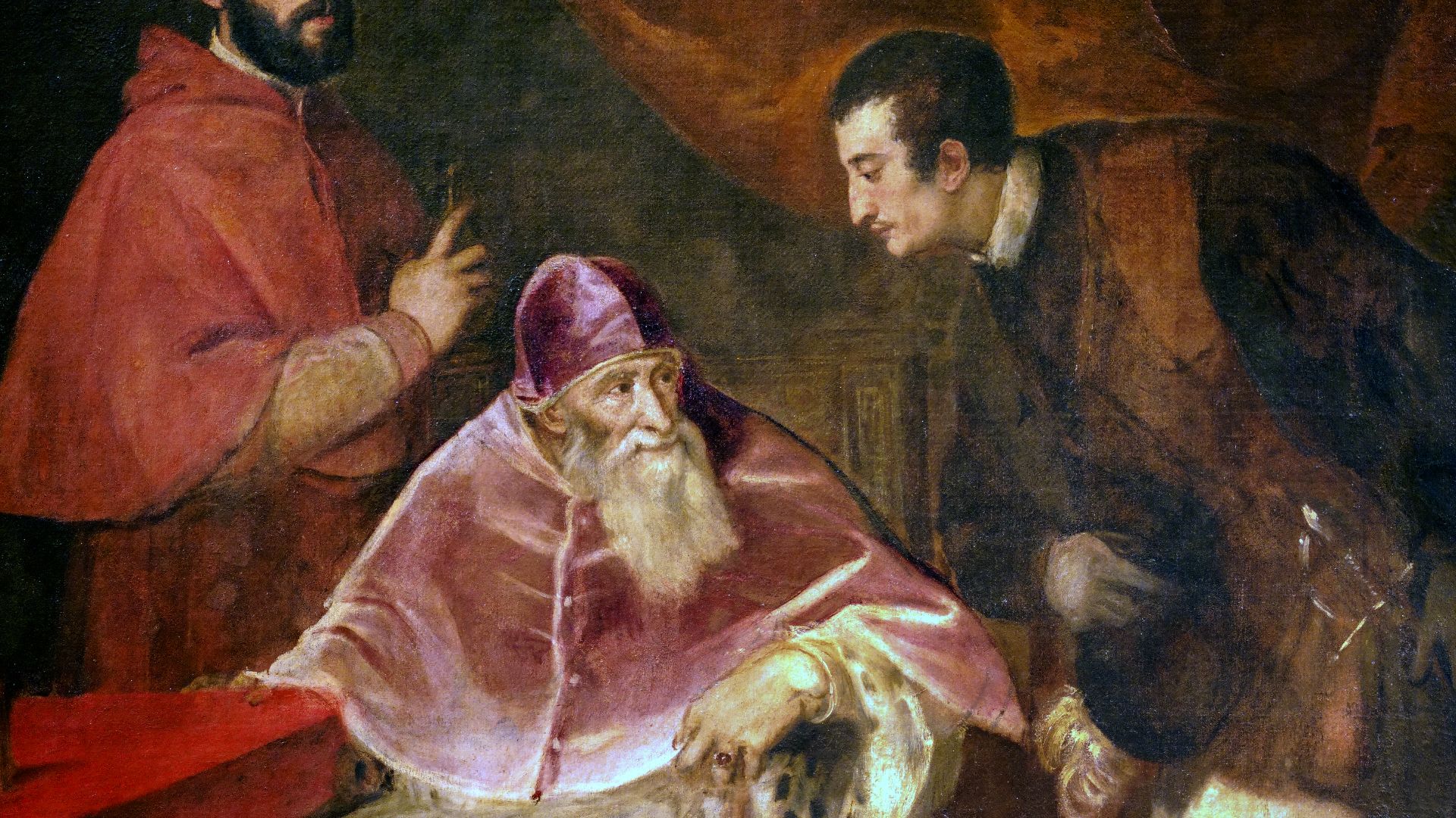 Ritratto di papa Paolo III con i nipoti Alessandro ed Ottavio Farnese.