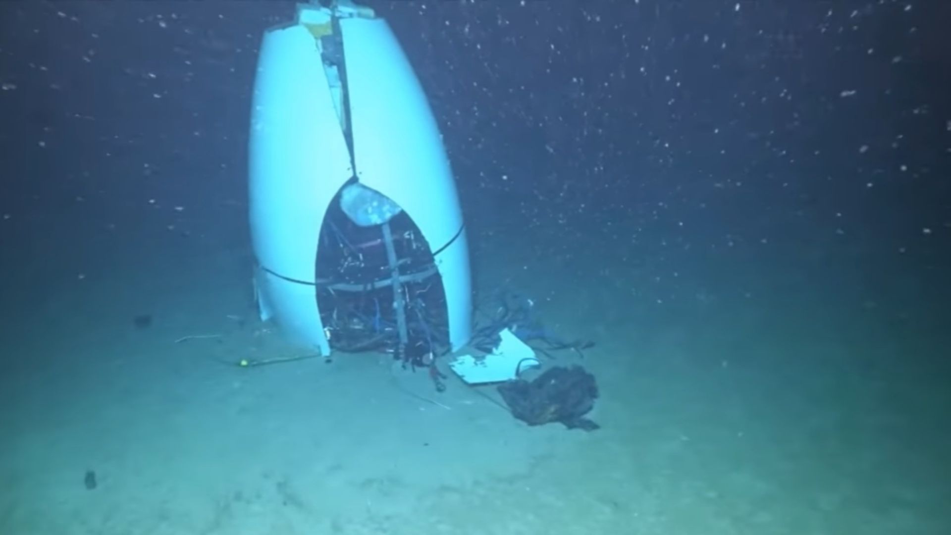 An image of TITAN submersible tail cone at the ocean floor. Image taken by Pelagic Research Services 6000, a remotely operated vehicle (ROV).