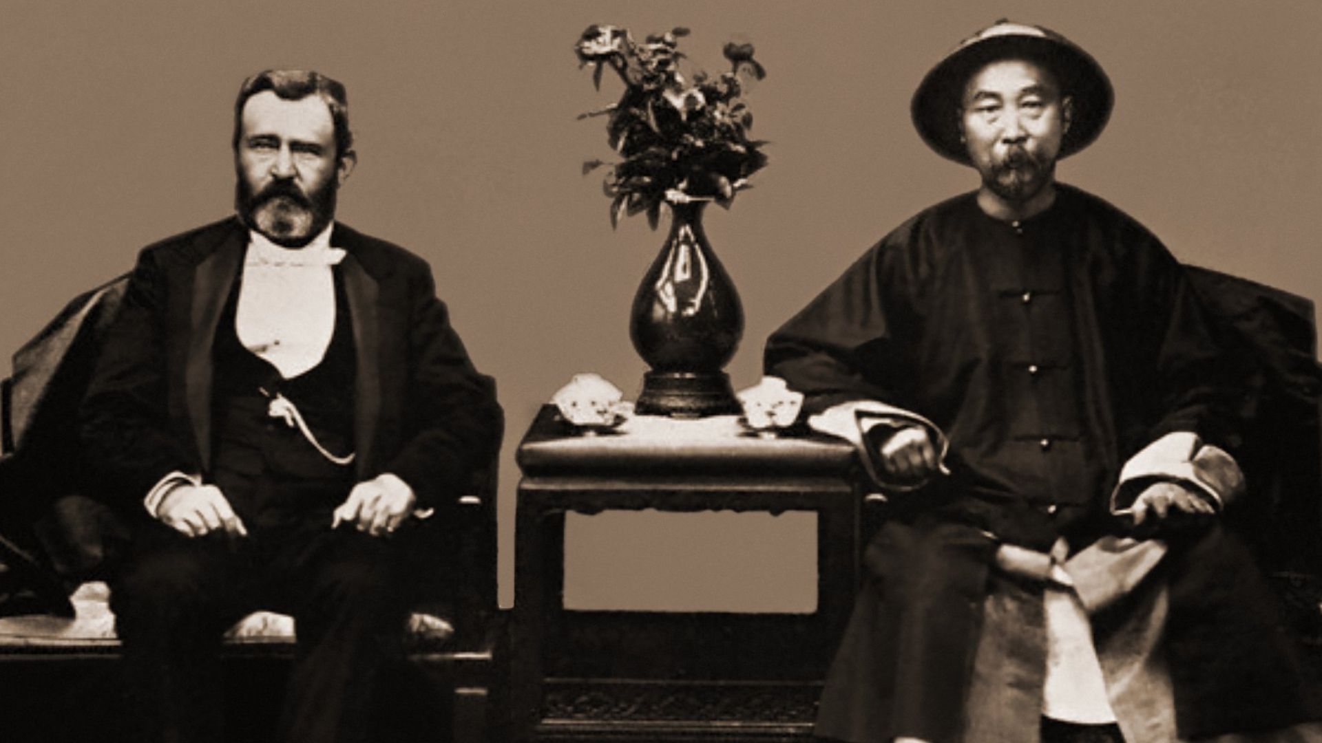 This image has no title, and was likely taken by an anonymous Chinese photographer (at Qing government direction) in Tientsin, China [1879] during Ulysses S. Grant's visit there with notable Chinese Viceroy Li Hung Chang. [RESTORED] I cleaned up a few spo