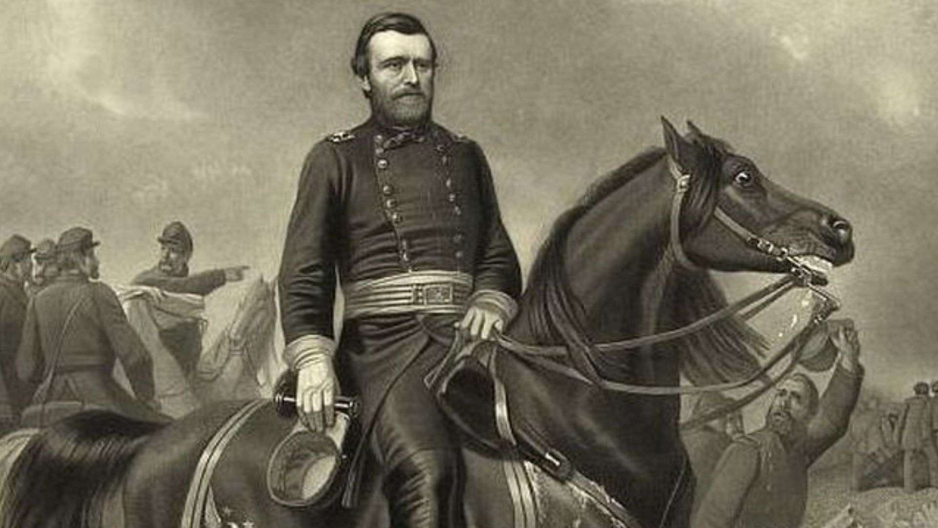 Engraving of Ulysses S. Grant astride his horse, Cincinnati, by William Sartain, 1863