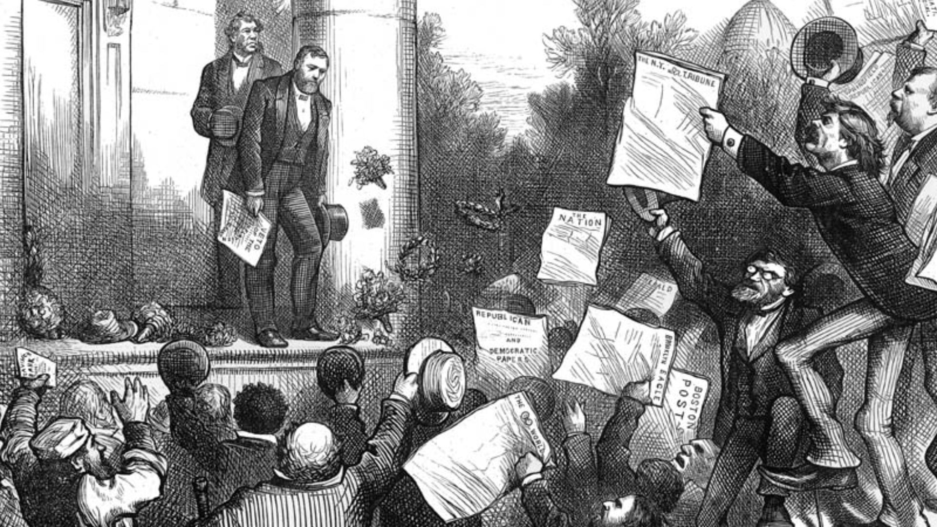U.S. President Ulysses S. Grant on a platform is congratulated boisterously by an audience below of Carl Schurz, Whitelaw Reid and a spectrum of other men for vetoing the