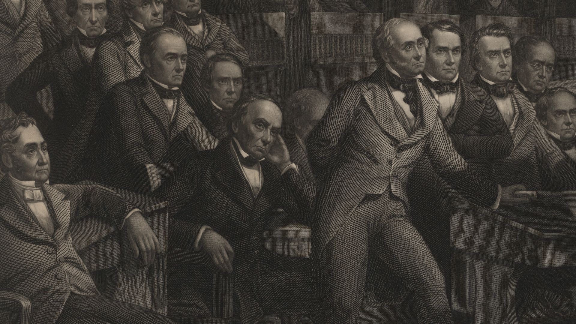 This engraving depicts the Golden Age of the United States Senate in the Old Senate Chamber, site of many of the institution's most memorable events. Here, Henry Clay,