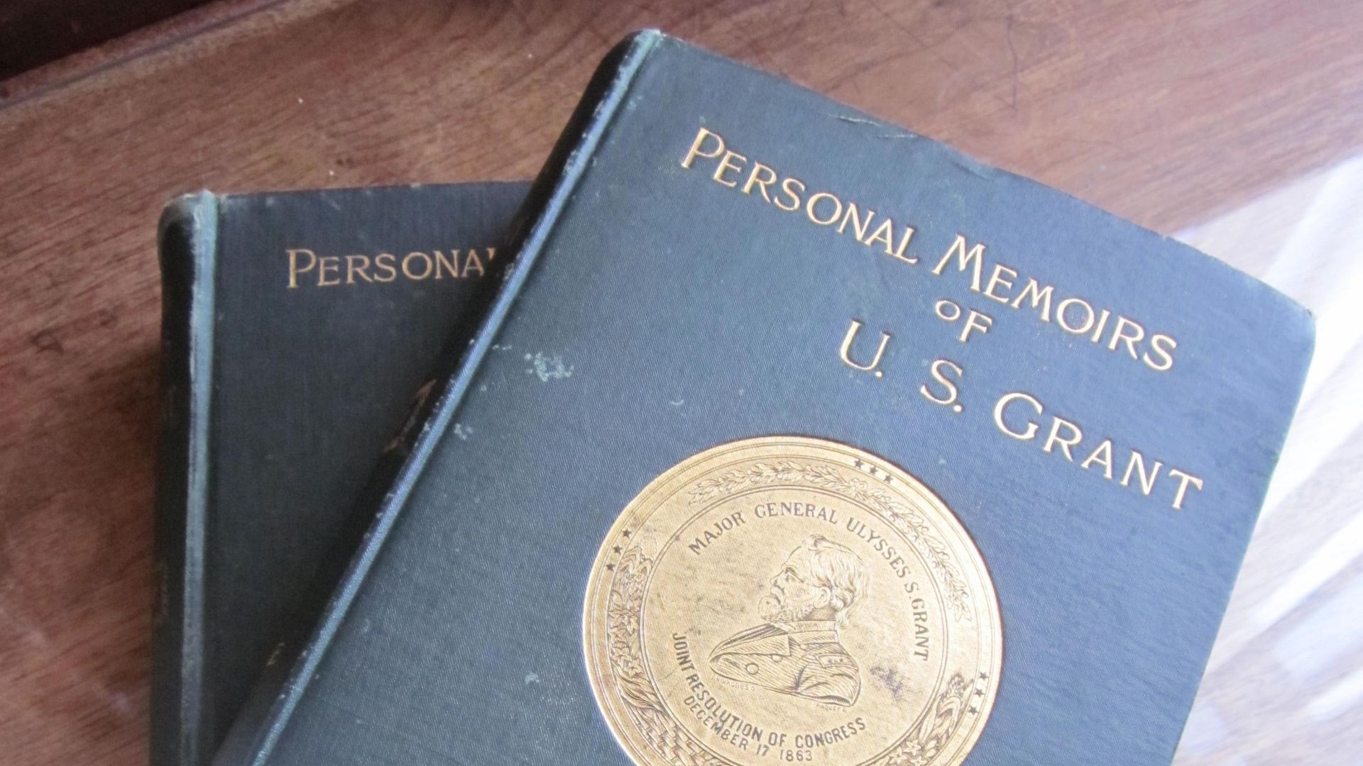 An original copy of Personal Memoirs of Ulysses S. Grant by Ulysses S. Grant, Vol. 1 and 2, published in 1885, at the General Ames Library in the Marines' Memorial Hotel in San Francisco.