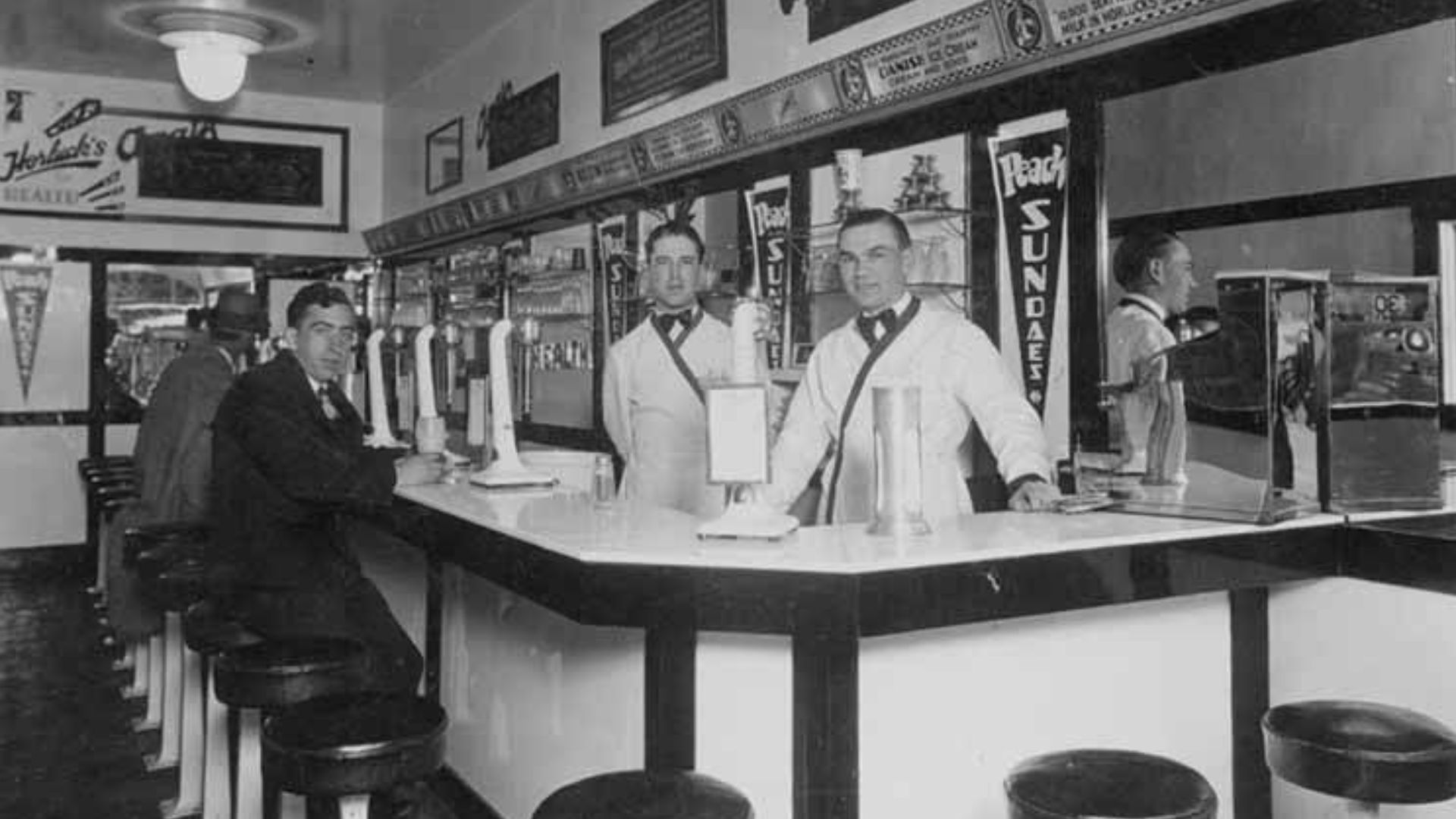 Customers seated at a Horluck's ice cream and soda fountain, Seattle, n.d.
George Horluck established the brand in 1928 and soon began opening fountain establishments. After Prohibition, Horluck shifted his focus to beer, but the ice cream brand lasted th