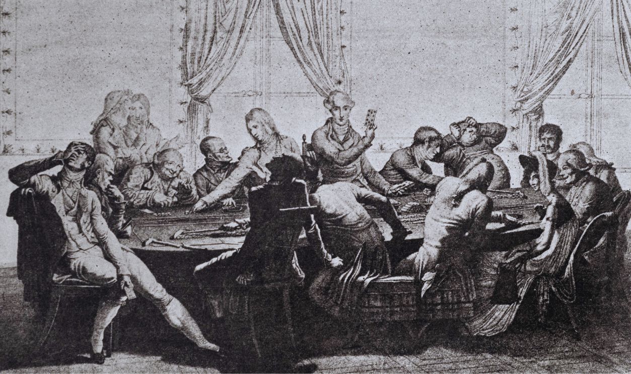 Gettyimages - 1288498483, The Thirty-One or the Pawnshop. The Thirty-One or the Pawnshop. In Paris at the time of the First Empire, gaming houses were very popular. Fortunes could be made or lost. Some lackeys acted as pawnbrokers. The Thirty-one (trente-et-un) was a popular card game played between a banker and numerous players. Louis Barron, Paris Pittoresque 1800-1900. La Vie - Les Moeurs - Les Plaisirs, Paris, Societe Francaise d'Editions d'Art L.-Henry May, 1899.