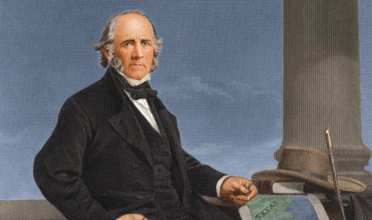 Portrait of American soldier and politician Samuel Houston (1793-1863), first president of the Republic of Texas from 1836-38, sitting in a chair with a map of Texas and his hat on a table and his cane leaning against a pillar, late 1830s.