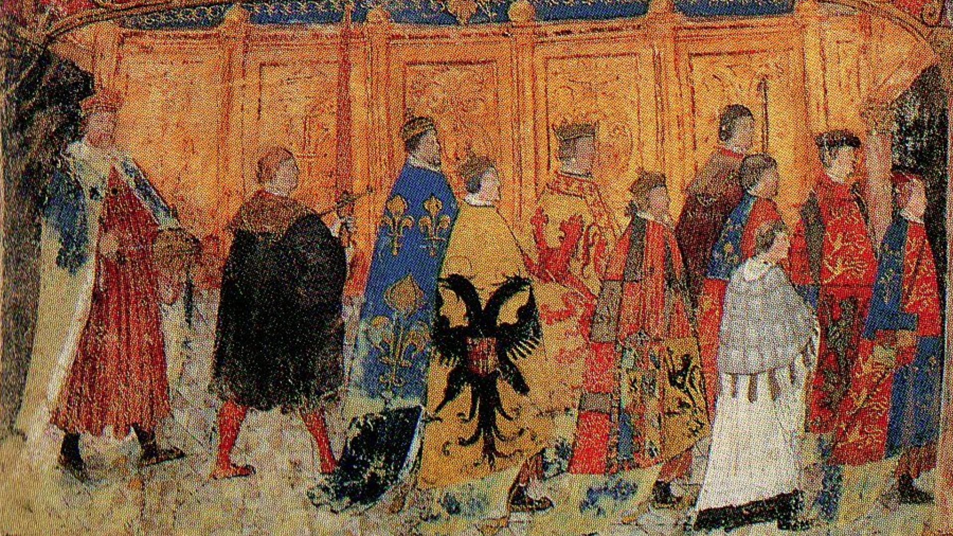 Black Book of the Garter - Garter Procession of Royal Knights - 1535. Persons depicted, left to right (see w:List of knights and ladies of the Garter):
1: King Henry VIII, KG
2: Ceremonial official, carrying ceremonial sword ?
3: King w:Francis I of Fran