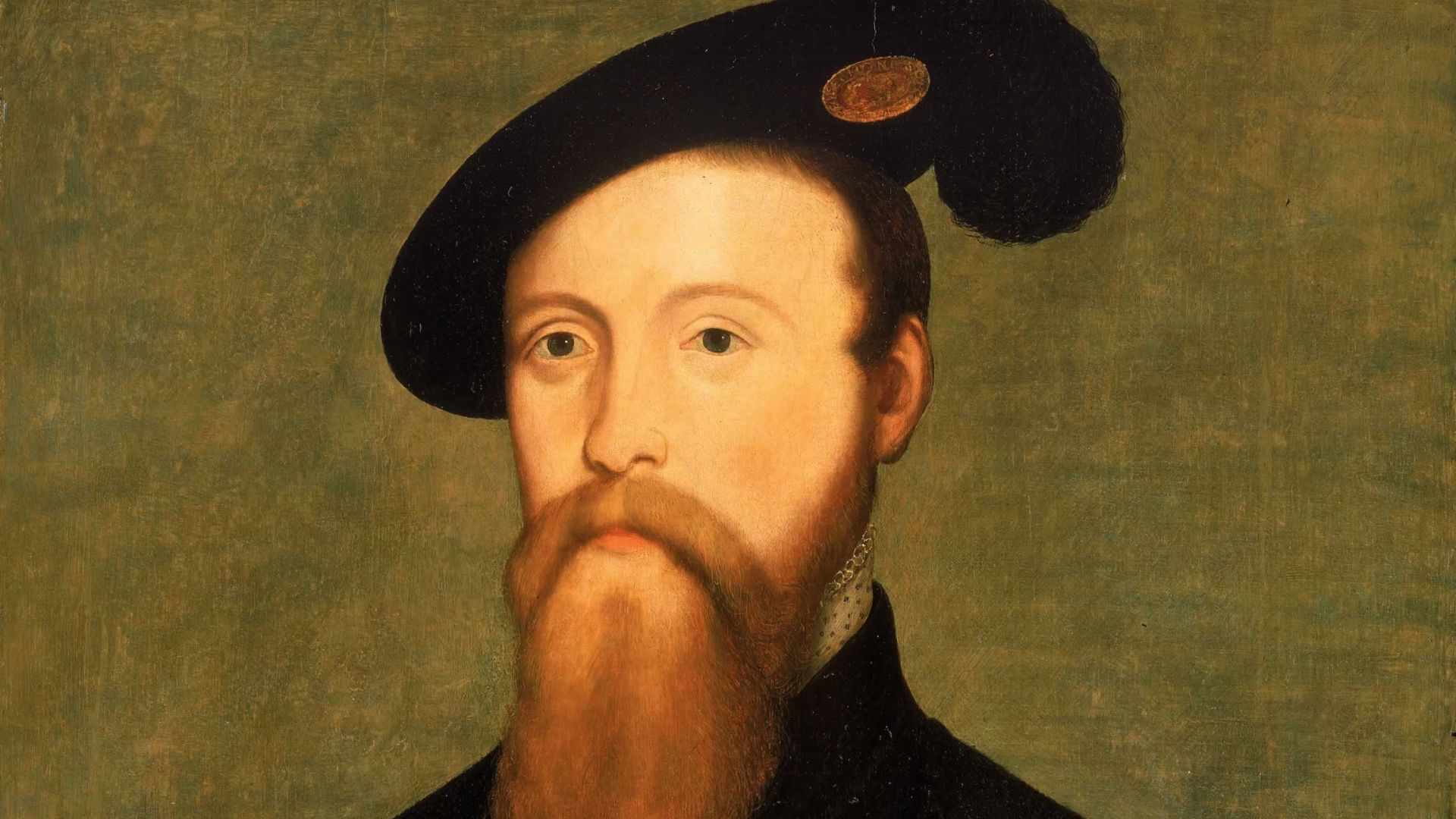 Caption from the museum's website



This half-length portrait shows the sitter turning slightly to the left. Dressed in black, he has a red-brown beard and wears a black plumed hat with the Little George of the Order of the Garter pinned to it. He has be