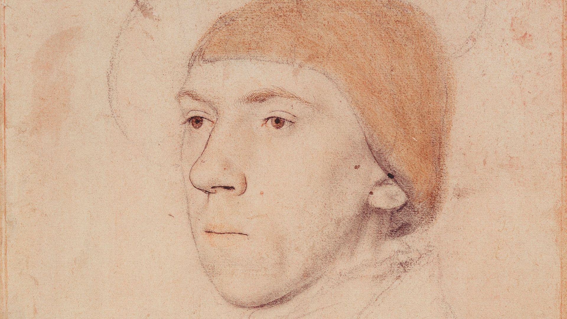 Portrait of Henry Howard, Earl of Surrey. Black and coloured chalks, reinforced with pen and Indian ink, on pink-primed paper, 29 × 21 cm, Royal Collection, Windsor Castle. The inscription, added later, is false.
This drawing has been much restored. Art h