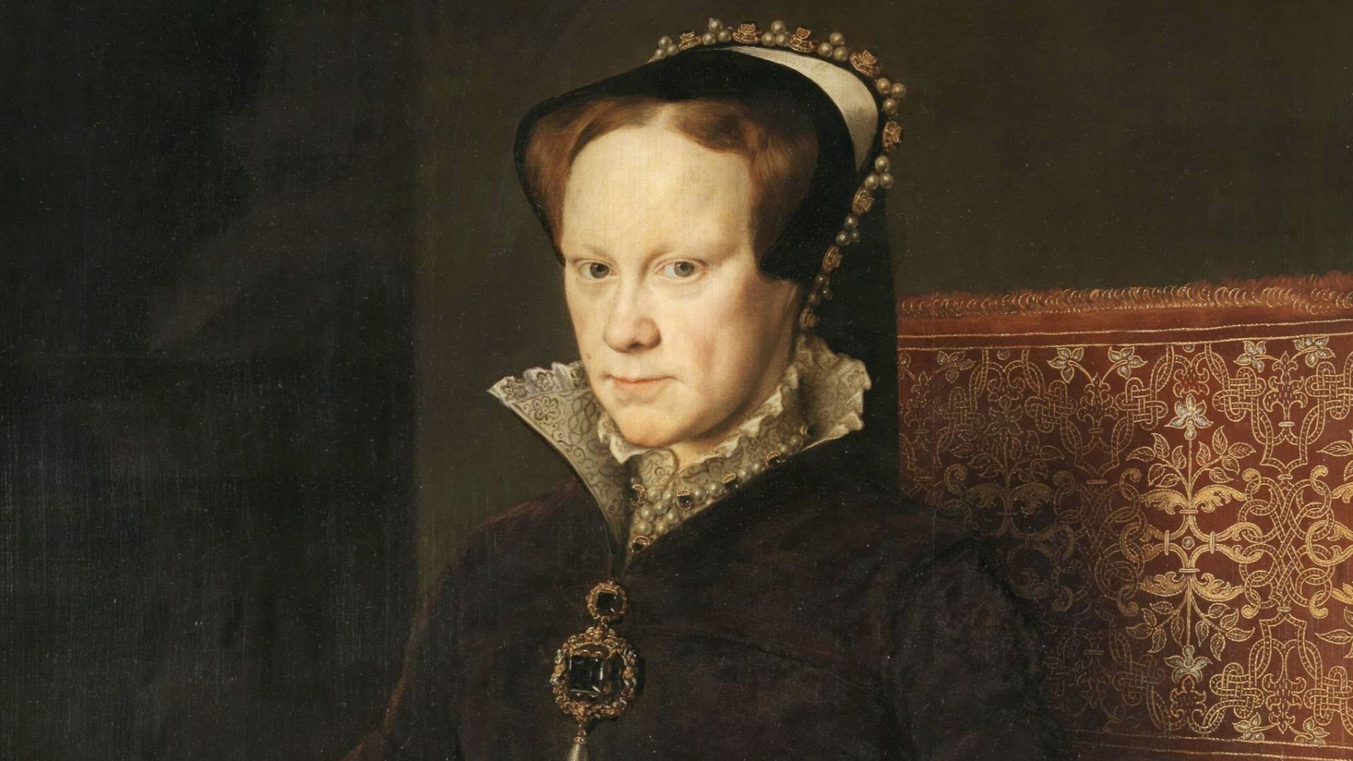 Retrato de la reina María I de Inglaterra (1516-1558), más conocida como María Tudor, que fue hija del rey Enrique VIII de Inglaterra y de la reina Catalina de Aragón y reina consorte de España por su matrimonio con Felipe II, hijo del emperador Carlos I 