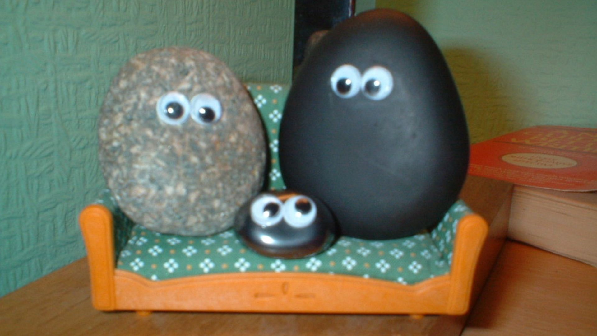 Image of imitation pet rocks. The original rocks had no eyes.