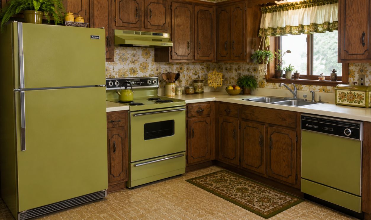 Retro 1970s kitchen with floral accents