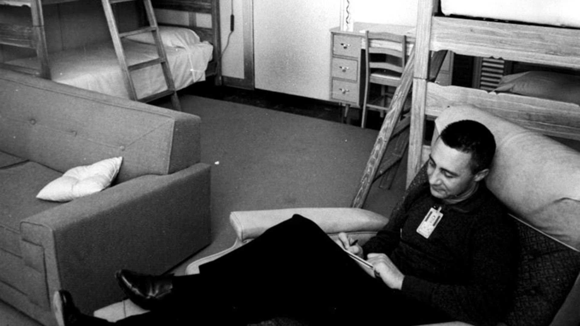 Astronaut Gus Grissom relaxes in his quarters at Cape Canaveral before his flight.