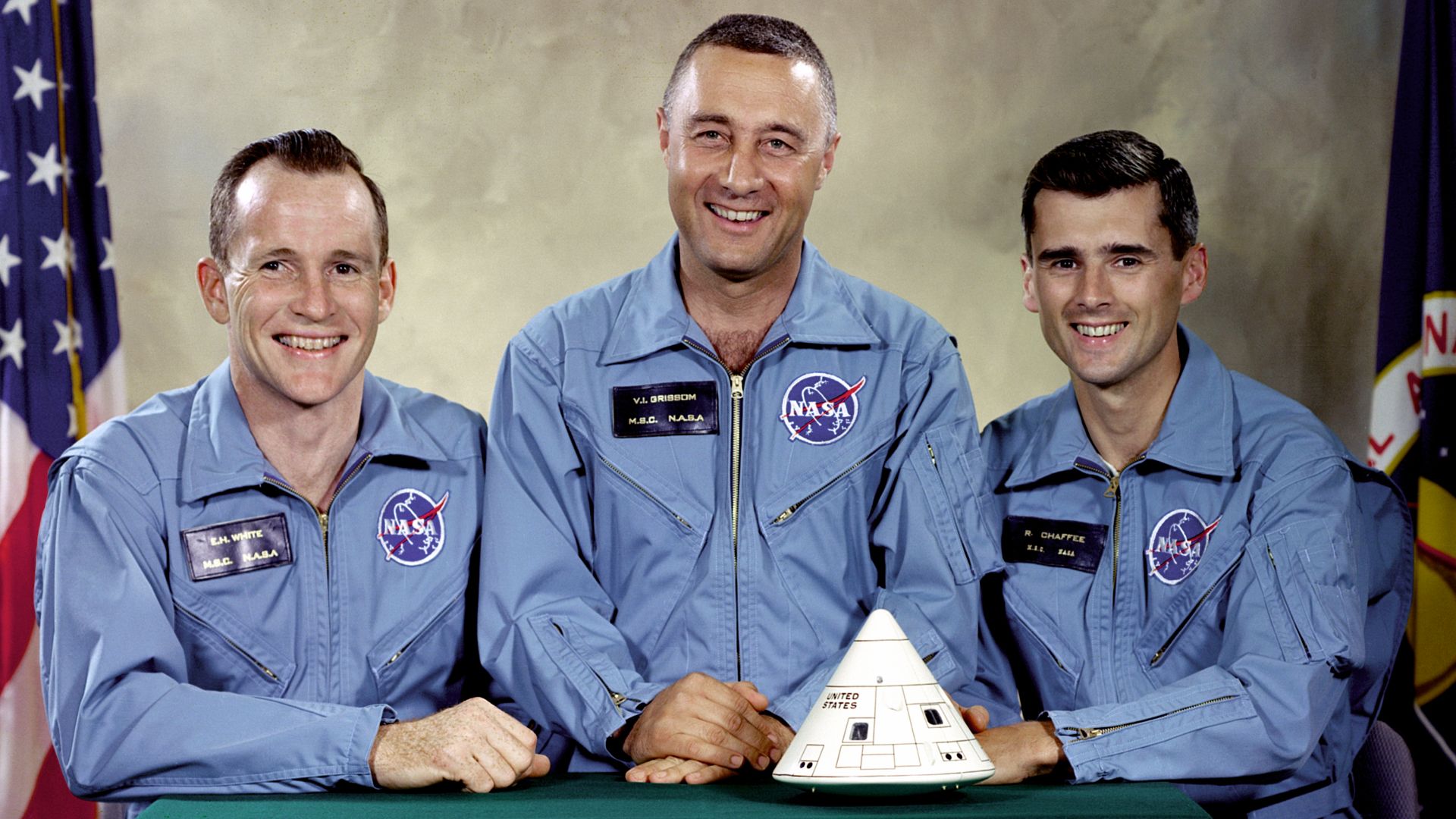 Portrait of the Apollo 1 prime crew for first manned Apollo space flight. From left to right are: Edward H. White II, Virgil Ivan
