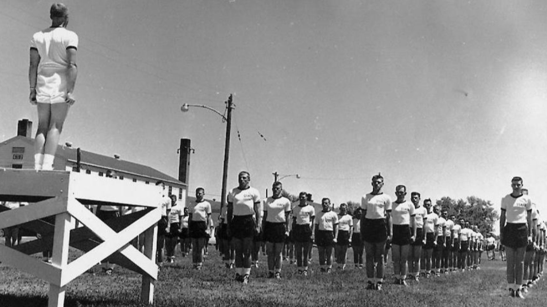 Basic cadets from the first Air Force Academy class line up for physical training here, the temporary location for the academy while permanent facilities were being constructed in Colorado Springs.