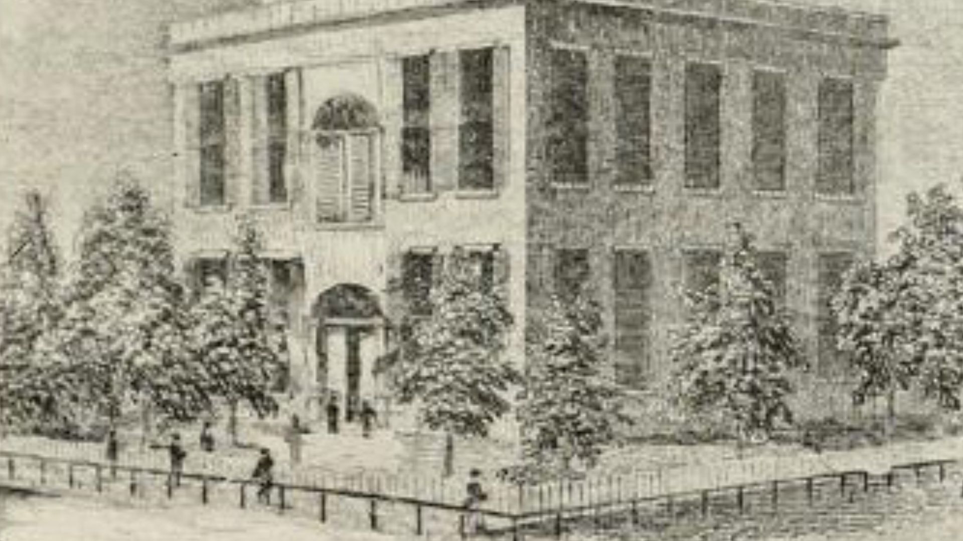 An image of the first Vigo County Courthouse in Vigo County, Indiana, taken from page 67 of the book The History of early Terre Haute from 1816 to 1840, written by Blackford Condit and published in 1900. Original caption of the image is
