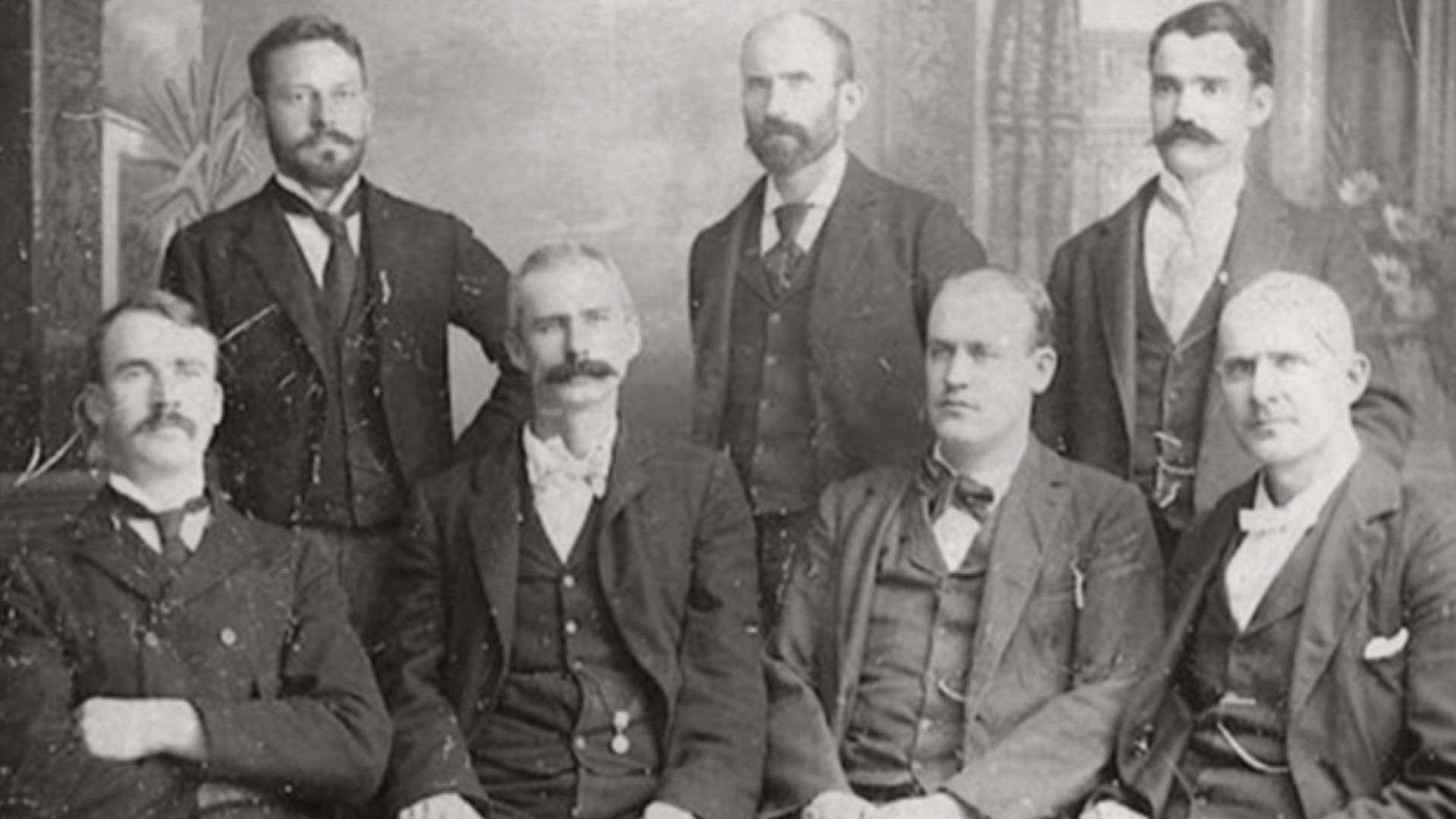 Seven of eight officers of American Railway Union who were sent to Woodstock Jail by Judge Wood in connection with Pullman Strike of 1894Standing, Left to Right: George W. Howard, Martin J. Elliott, Sylvester KeliherSeated: William E. Burns, James Hoga