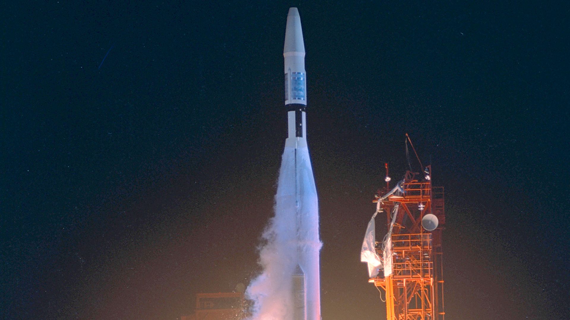 An Atlas-Agena 5 carrying the Mariner 1 spacecraft lifting off from Cape Kennedy Launch Complex 12.