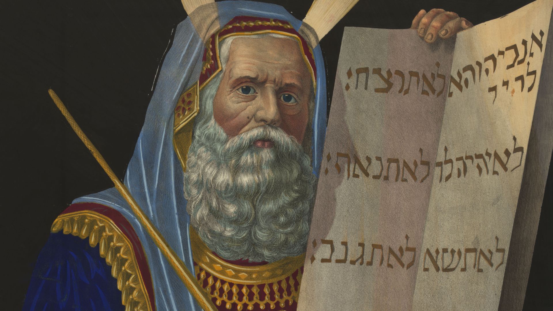 Print shows Moses, head-and-shoulders portrait, facing right, holding a short staff in his right hand and the tablet with the ten commandments; rays of light appear to be issuing from his forehead. Lithograph, hand-colored.
