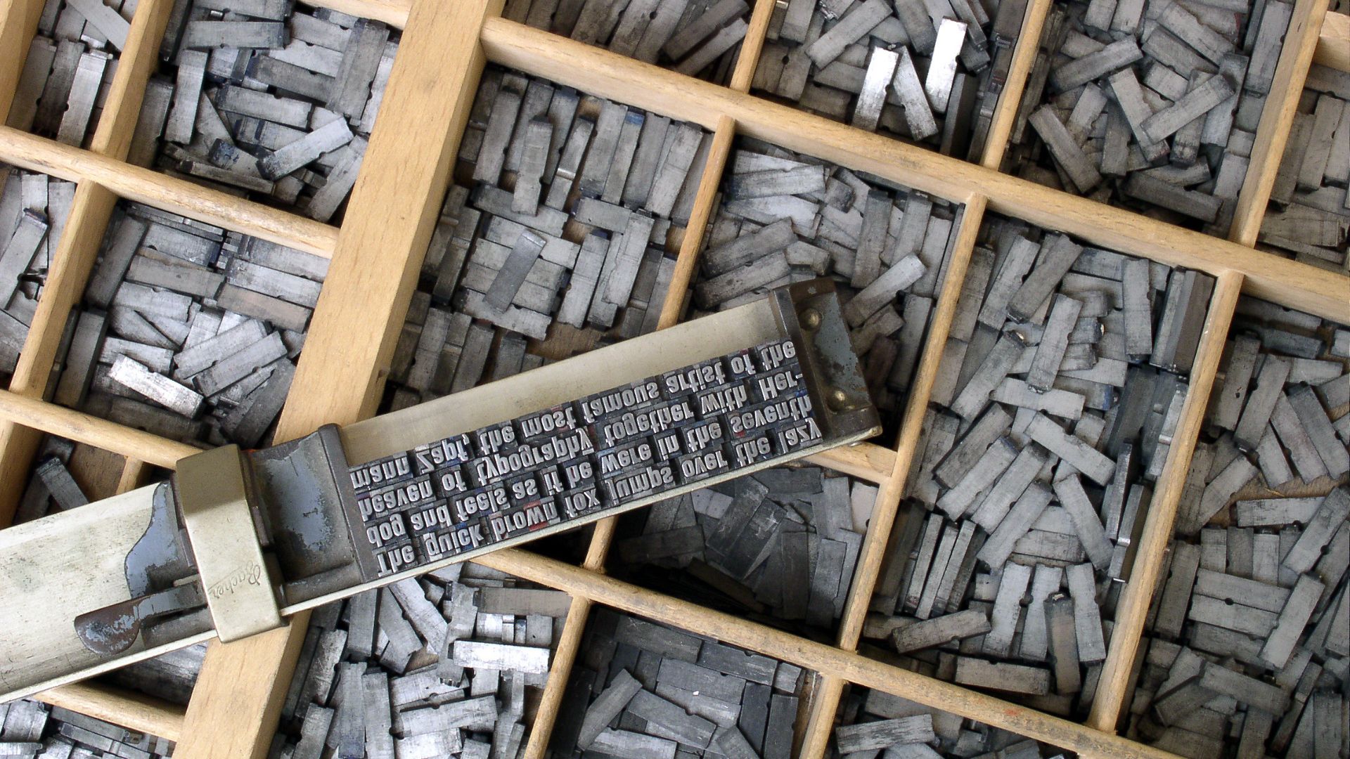 Letter types in a type case. The plate says