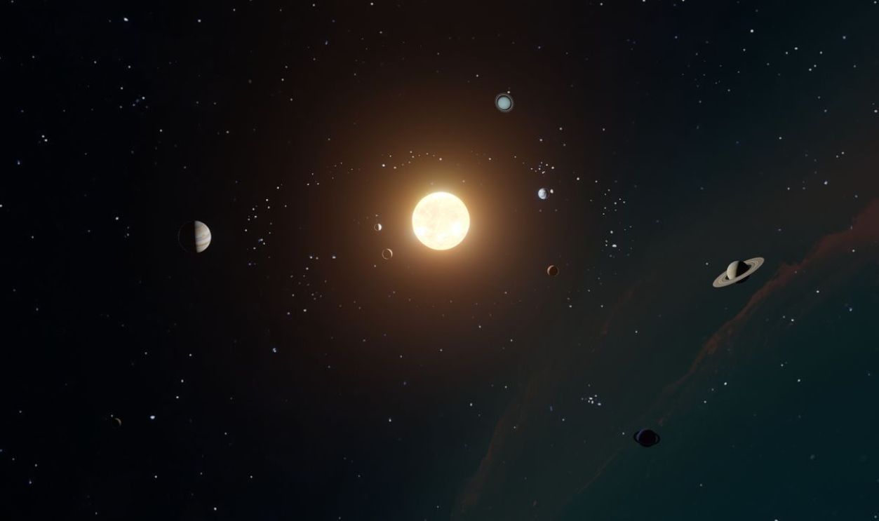Artistic depiction of the solar system with planets orbiting the sun in space