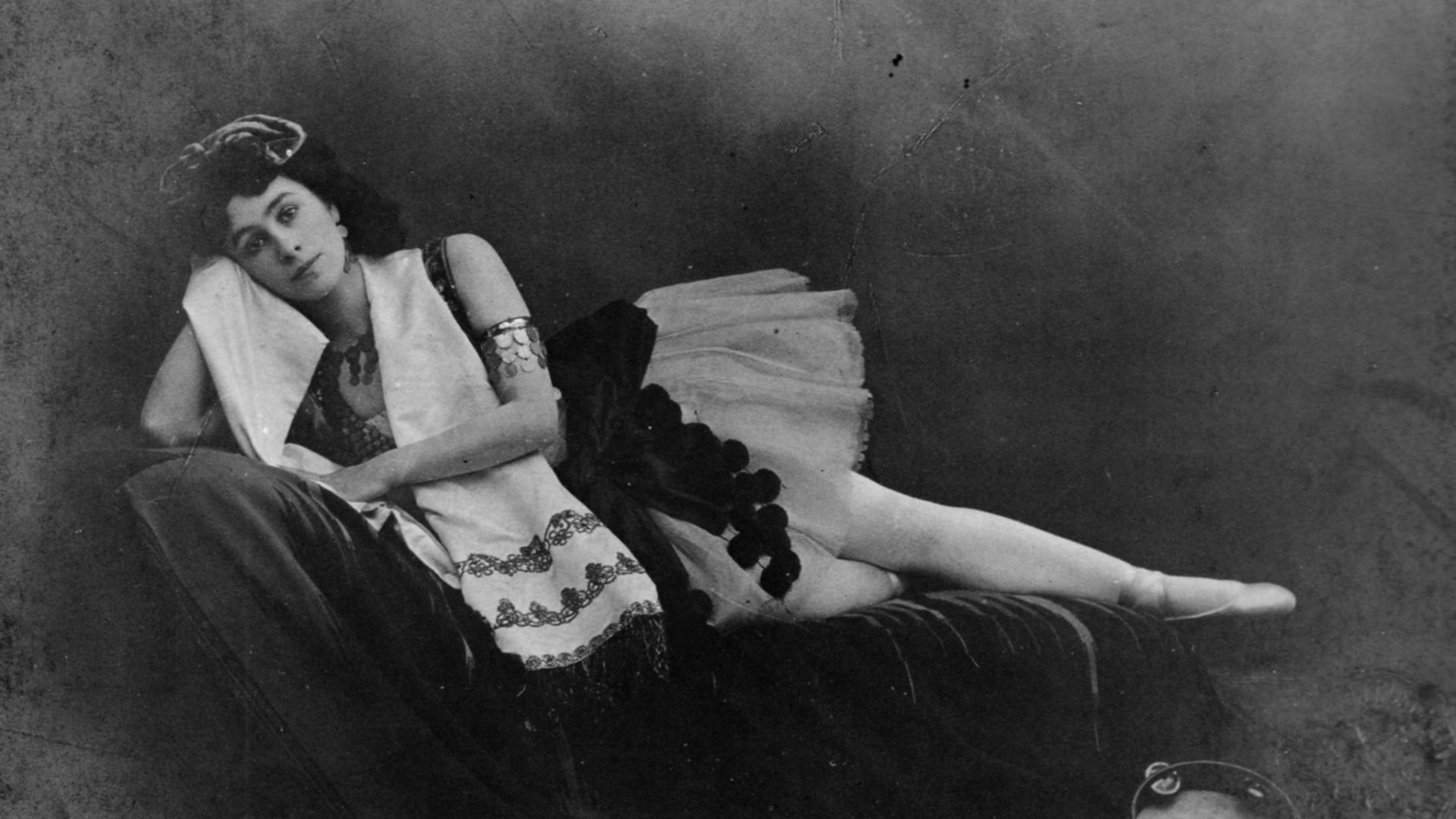 Photographic postcard of the Prima ballerina Mathilde Kschessinskaya (1872-1971) costumed for the title role in a revival of the choreographer Jules Perrot (1810-1892) and the composer Cesare Pugni's (1802-1870) ballet La Esmeralda.