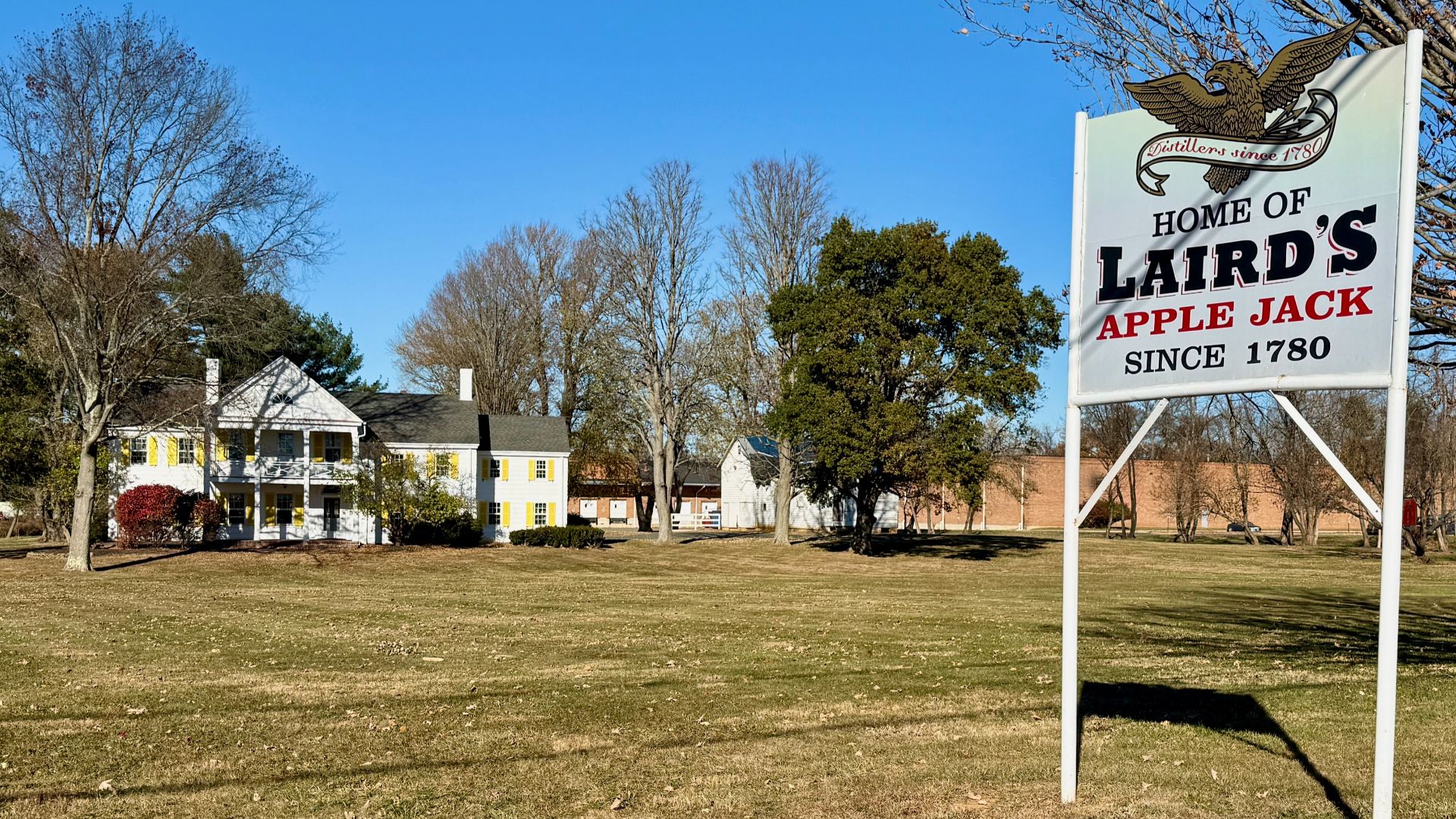 Sign for the home of Laird's Apple Jack in Scobeyville, New Jersey. The house and background buildings are contributing properties of the Laird & Company Distillery Historic District.
This is an image of a place or building that is listed on the Nat