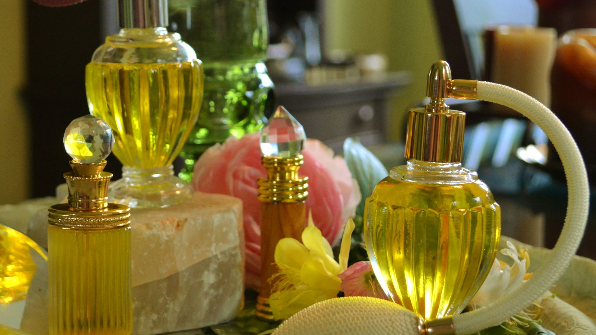 A collection of glass perfume bottles