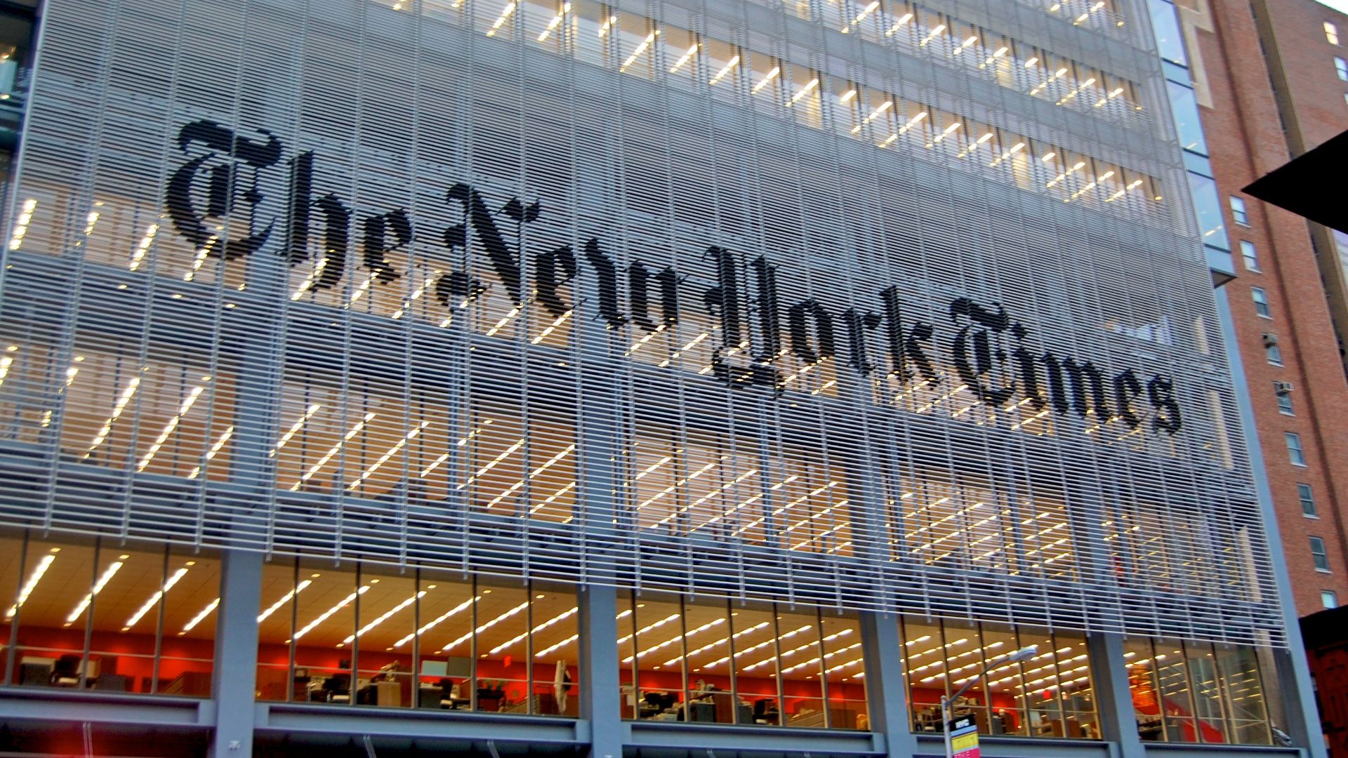The New York Times building in New York, NY across from the Port Authority.